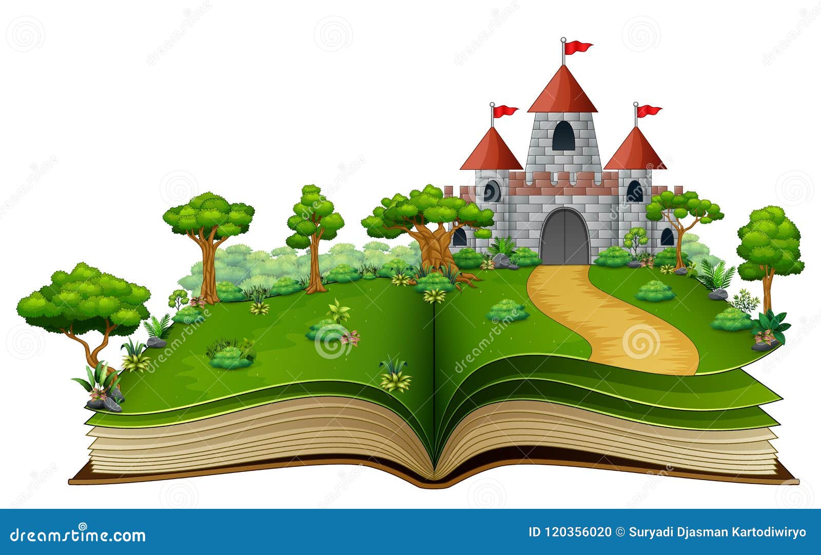 story book with a castle and river in the green park