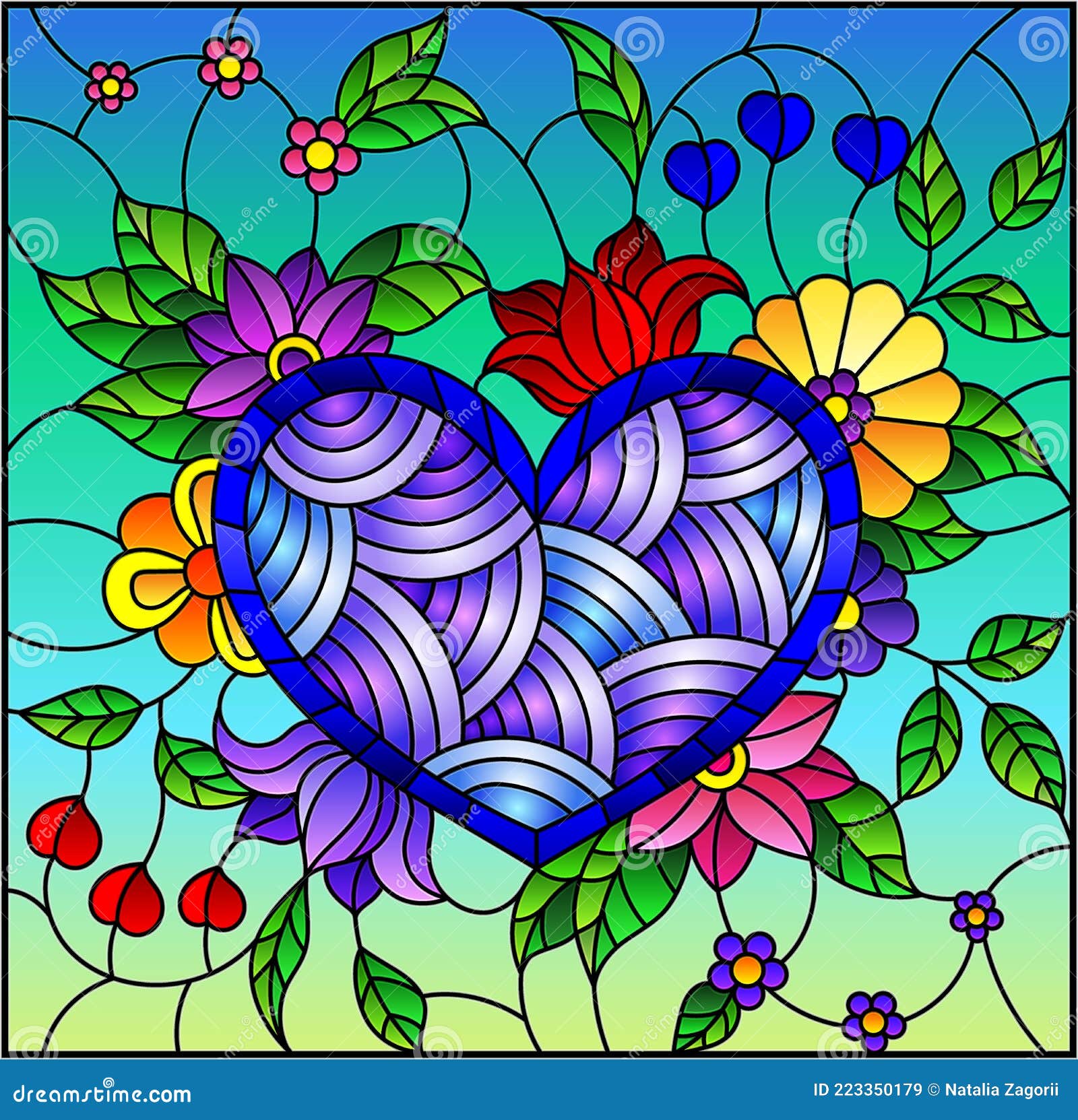 stained glass  with  a bright blue heart and flowers against the sky