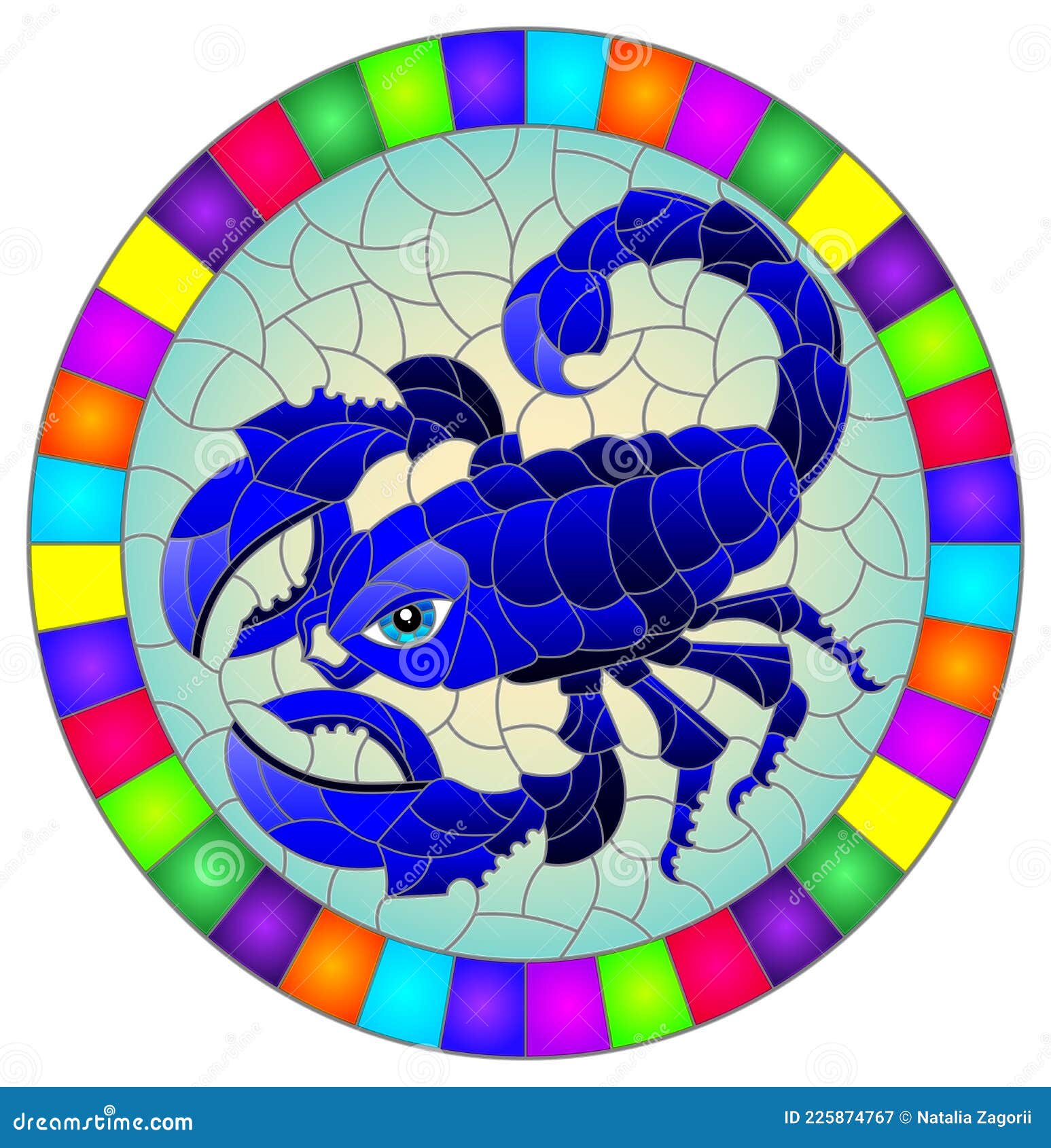 Stained Glass Illustration with a Bright Blue Scorpion, a Oval Image in ...