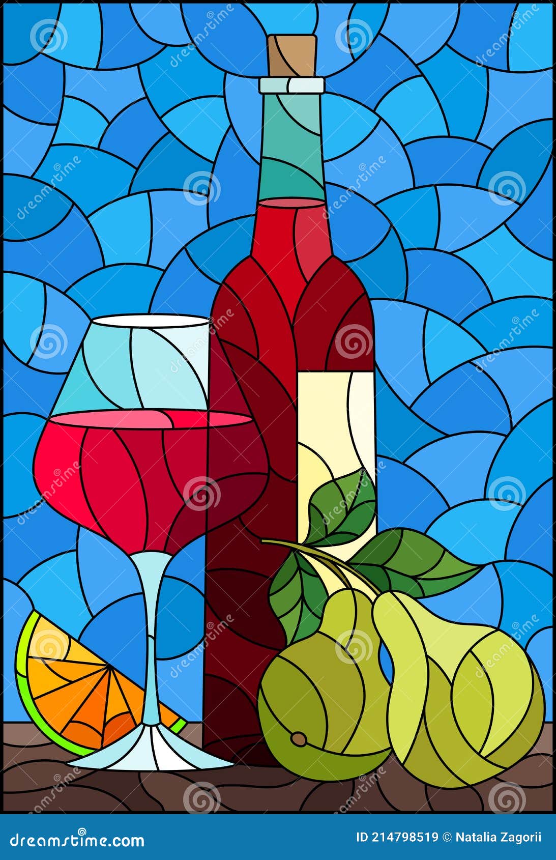 Stained Glass Illustration with a Still Life, a Bottle of Red Wine, a Glass and Fruit on a Blue