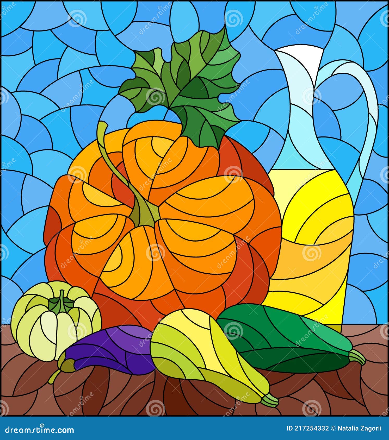 Stained Glass Illustration with a Vegetable Still Life, Vegetables on a