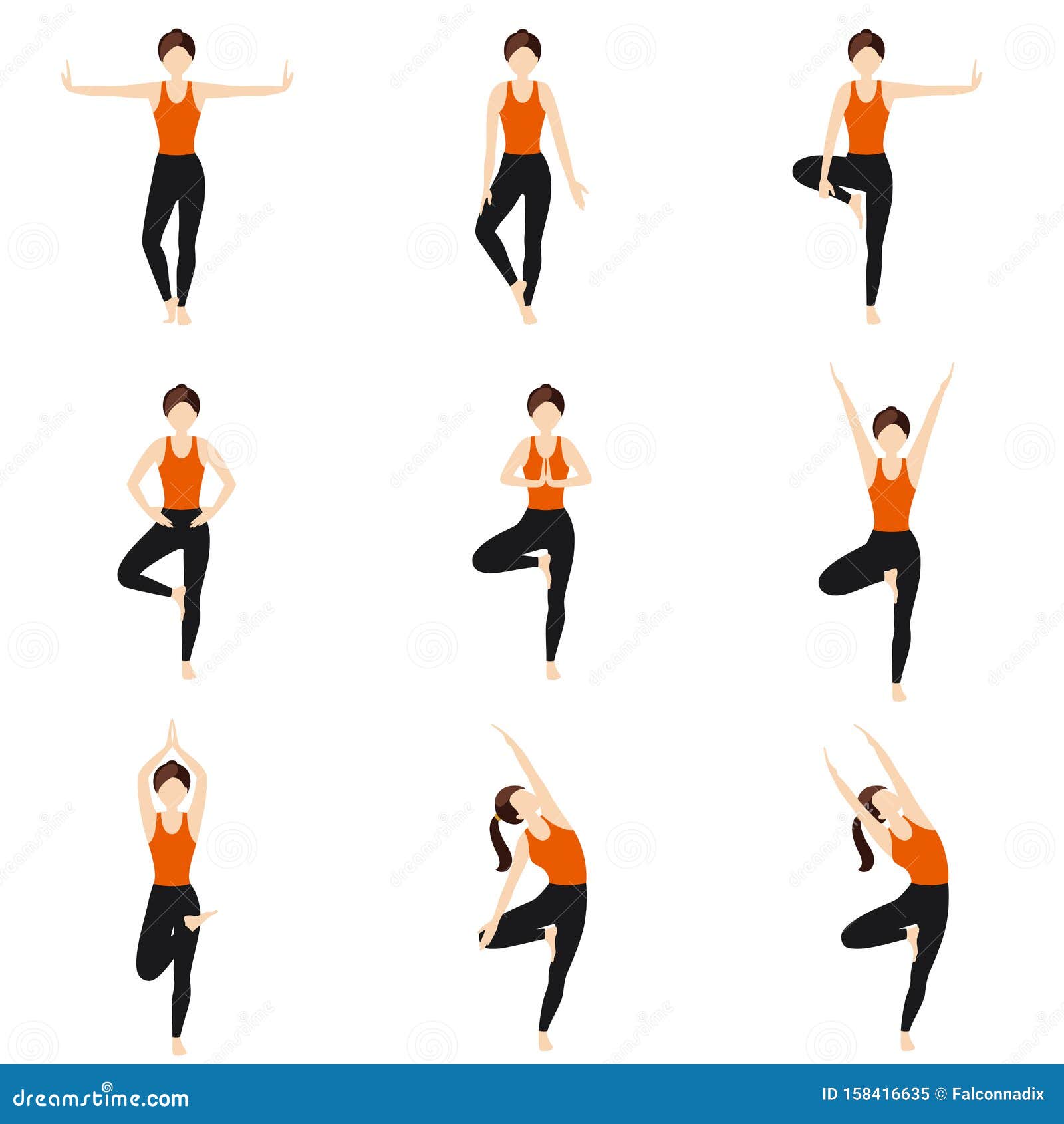 Tree pose variations yoga asanas set/ Illustration stylized woman