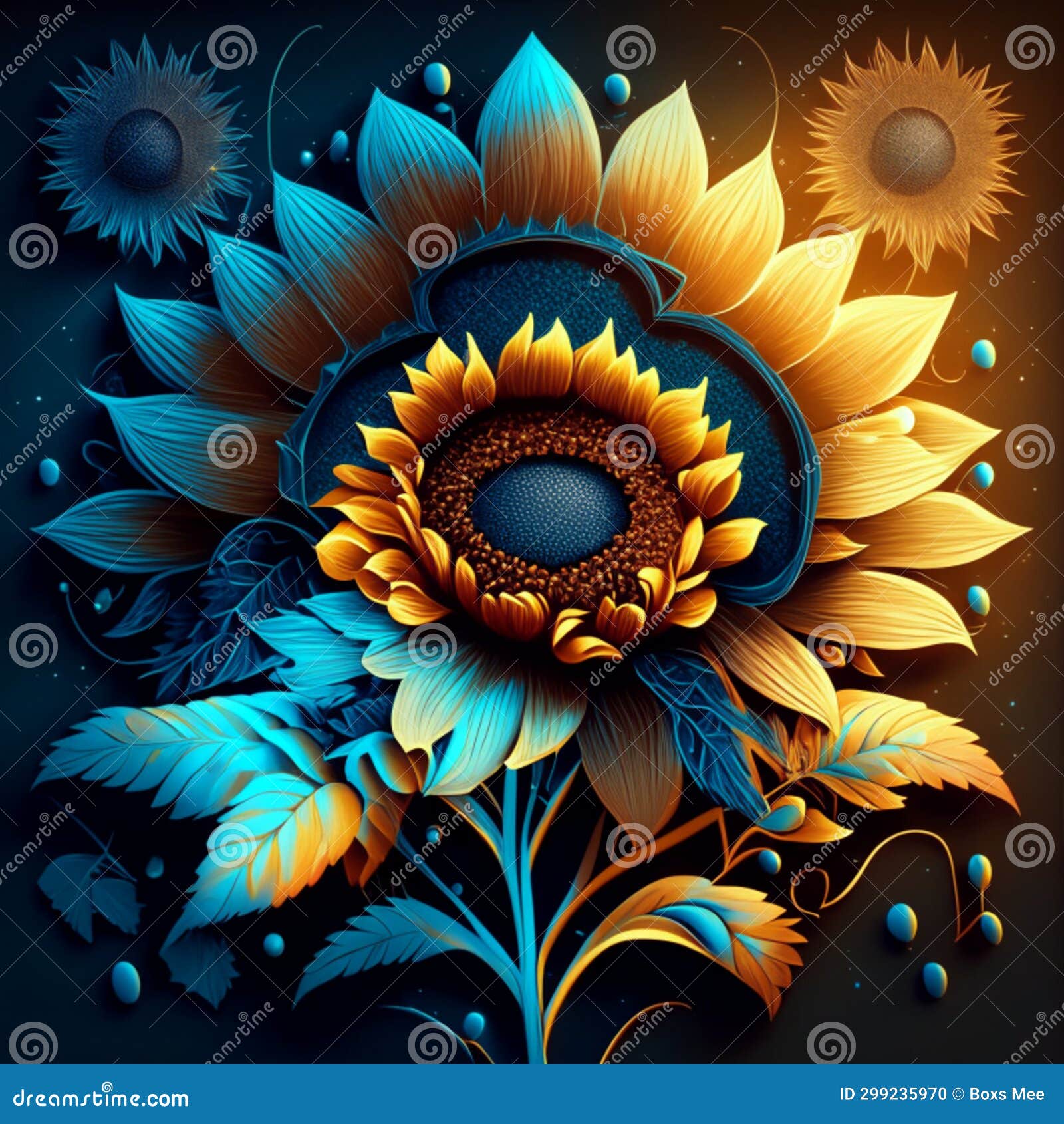 Illustration of a Sunflower on a Dark Background with Blue Flowers AI ...