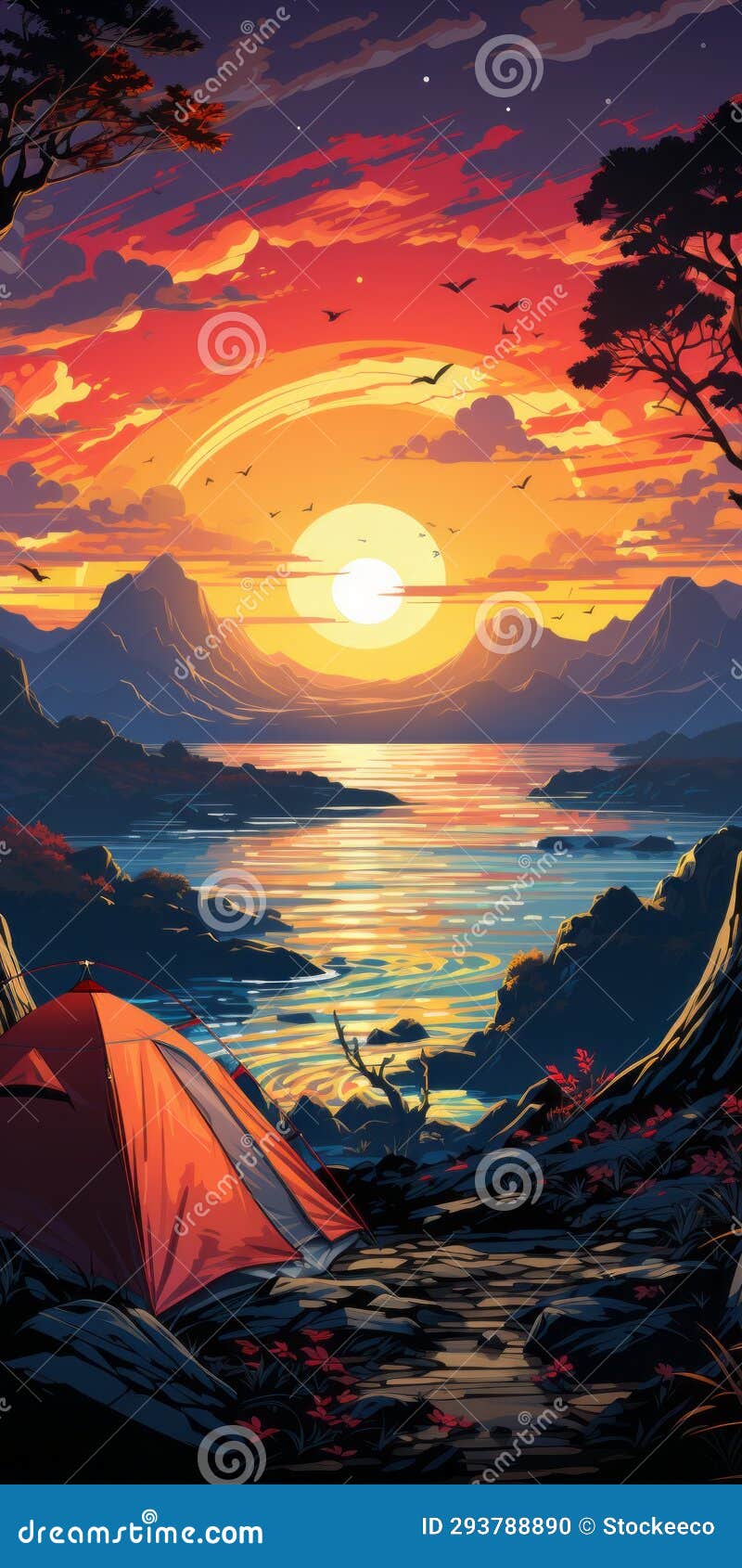 vibrant retrovirus camping poster with scenic reef view