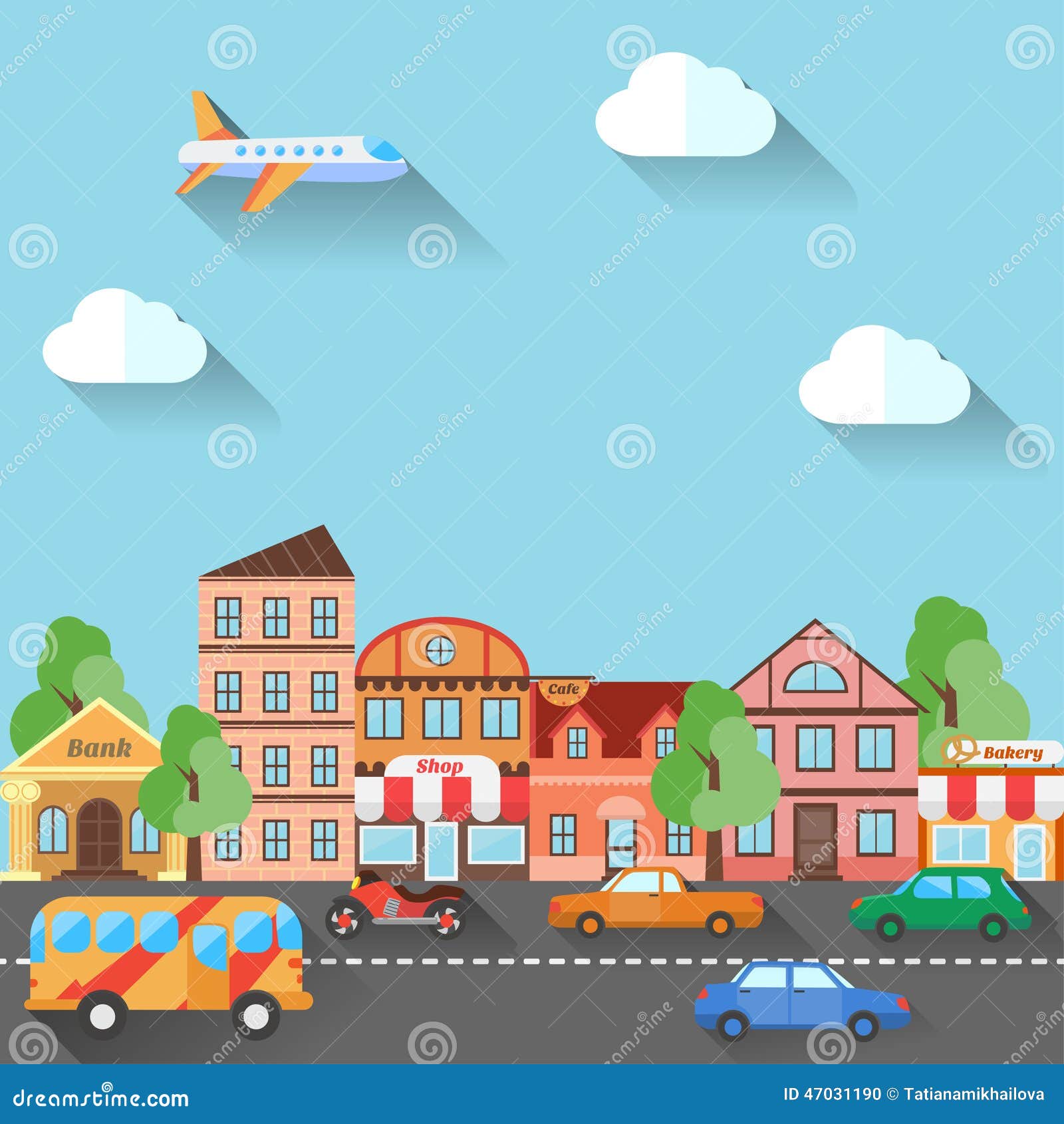 Illustration Of A Town Street, Made In Flat Design Stock 