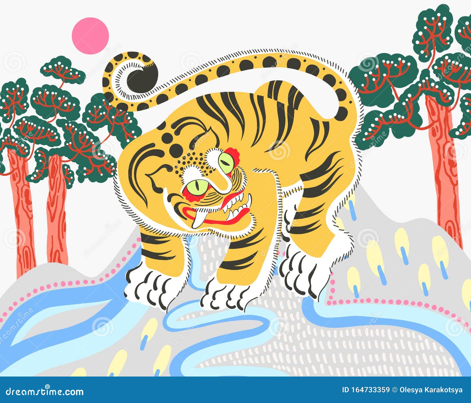 Illustration of Traditional Korean Painting of Decorative Tiger with Trees  and Sun Stock Vector - Illustration of korean, doodle: 164733359