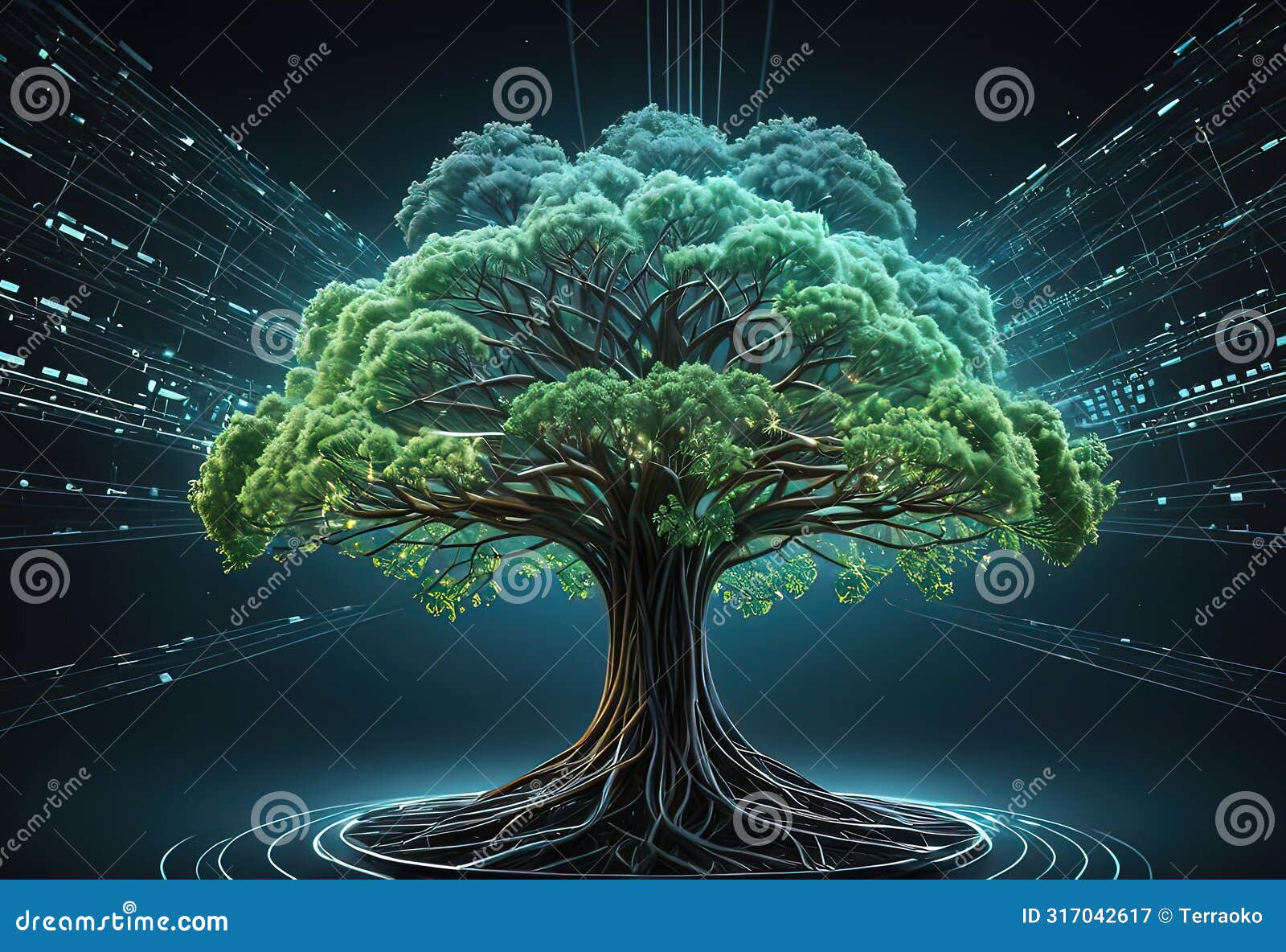  of a tree with branches seamlessly integrated into a complex cyber data network