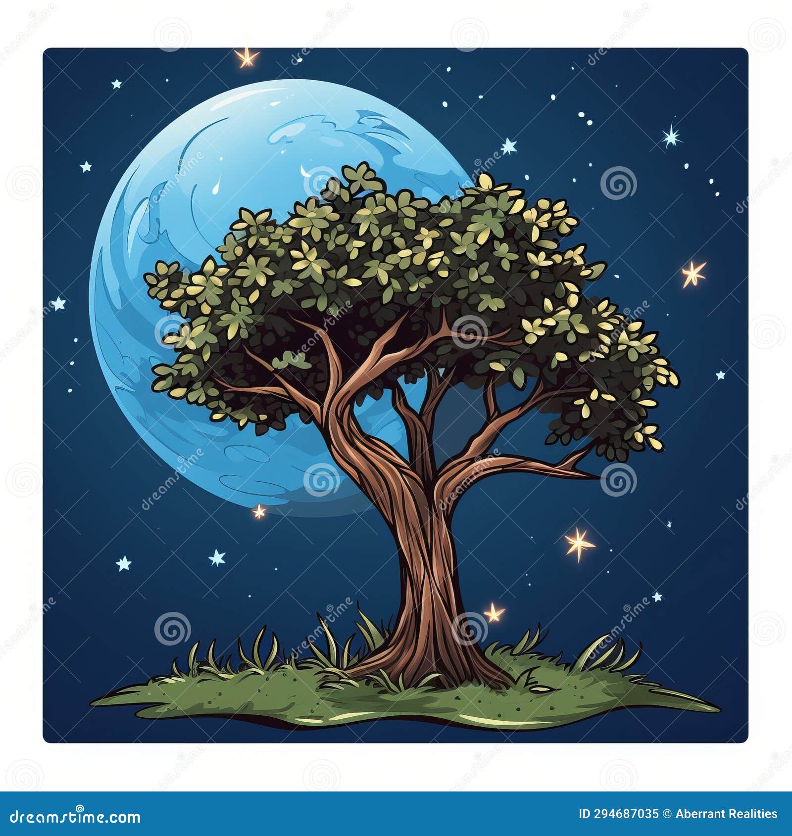 An Illustration of a Tree in the Night Sky with the Moon in the