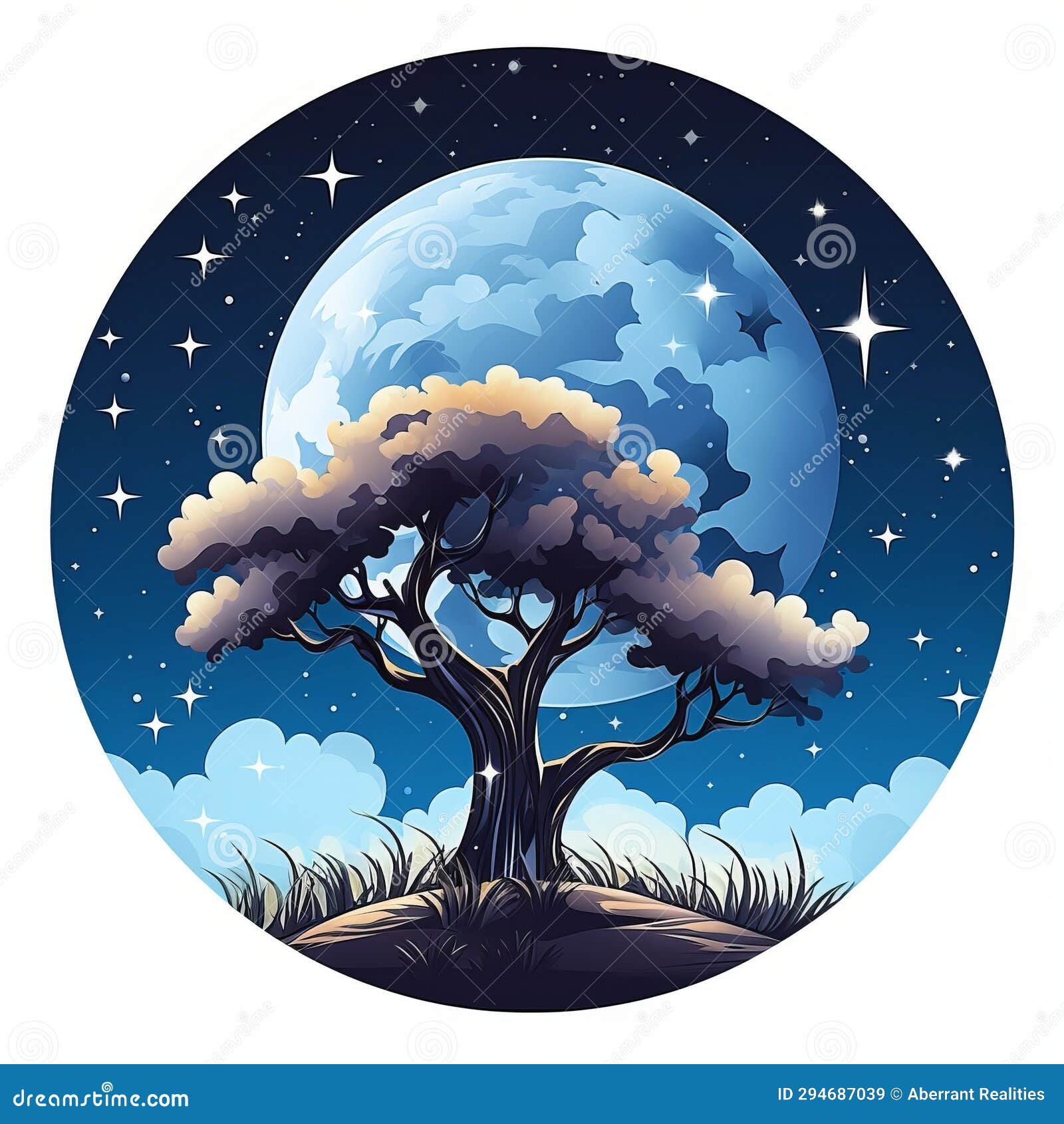 An Illustration of a Tree in the Night Sky with the Moon in the