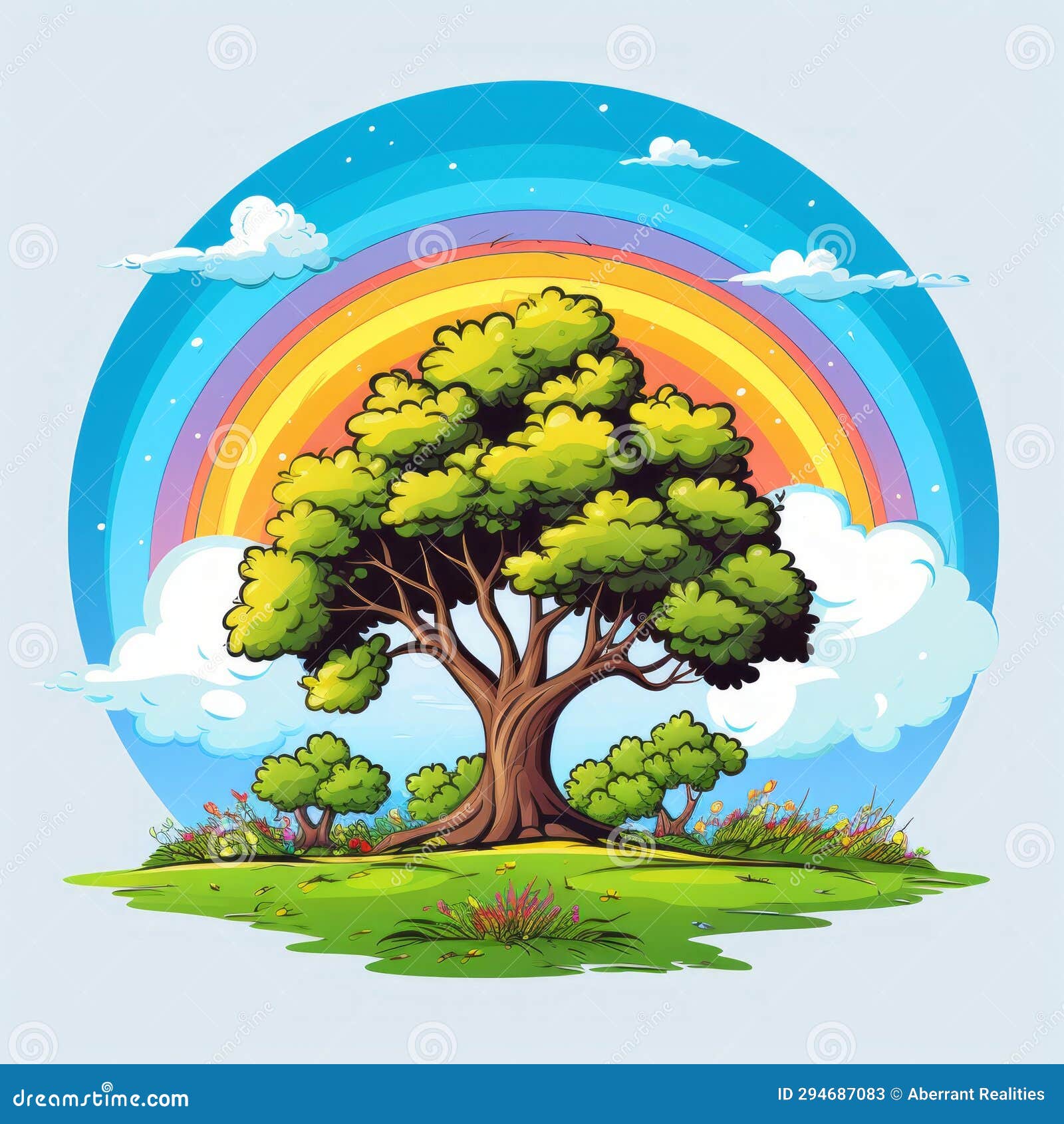 An Illustration of a Tree with a Rainbow in the Background Stock