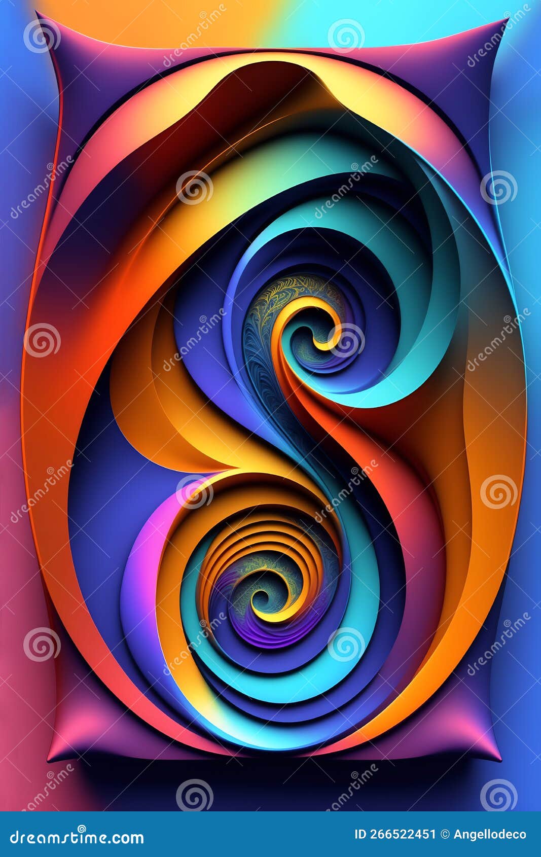 two psychedelic colorful geometric spirals as abstract background puzzle reflected. generative ai