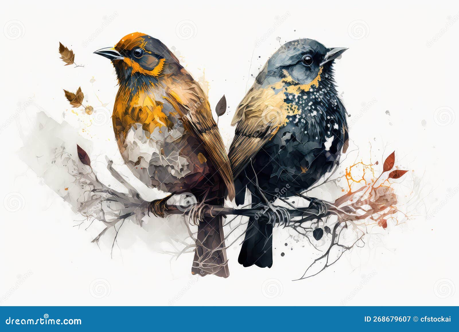 Illustration of Two Birds, with Blue and Yellow Colors, in White