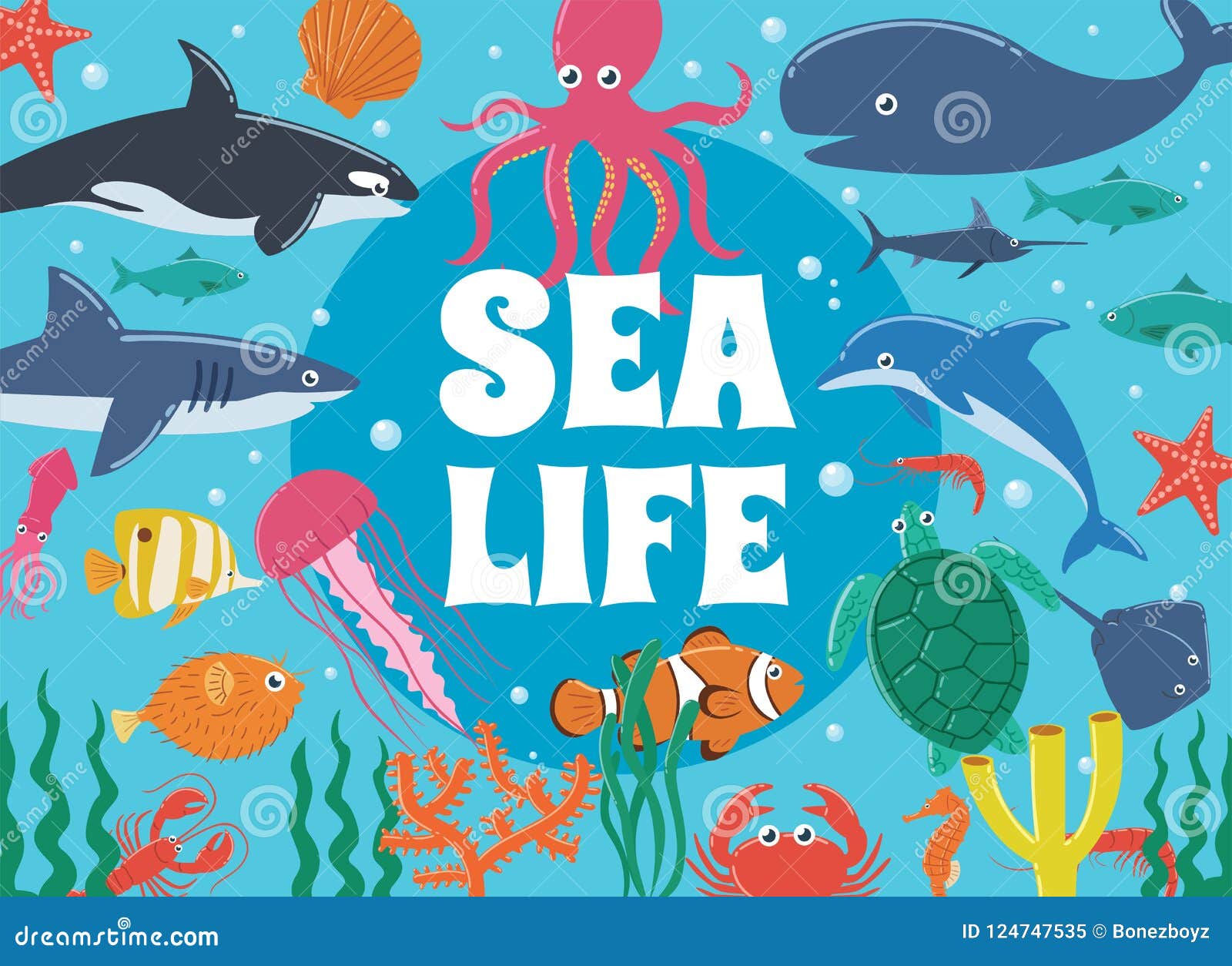 Sea Life. Underwater World with Sea Creatures Stock Vector - Illustration  of marlin, animals: 124747535