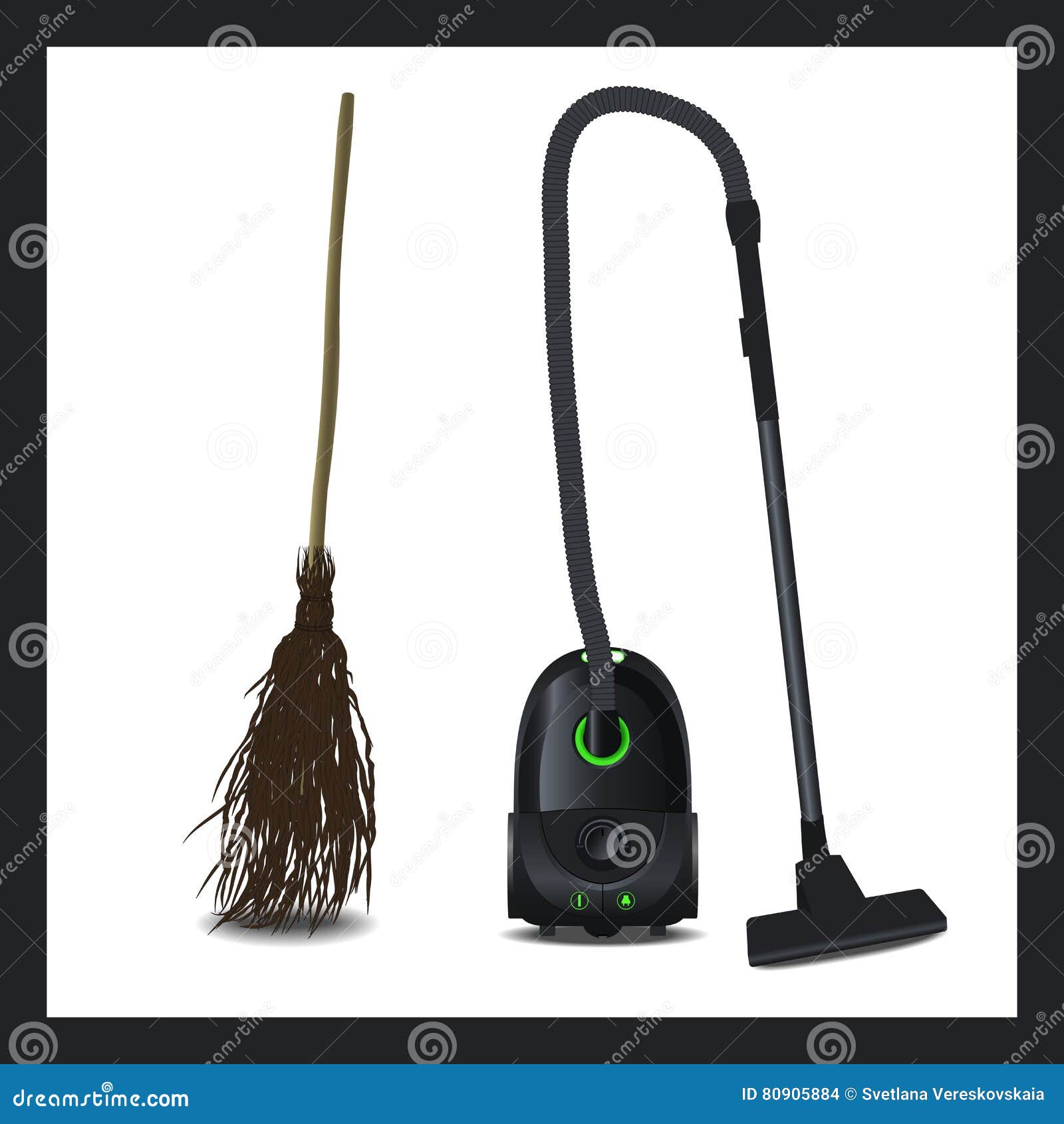 Illustration of a Vacuum Cleaner and Broom. the Evolution of Technical