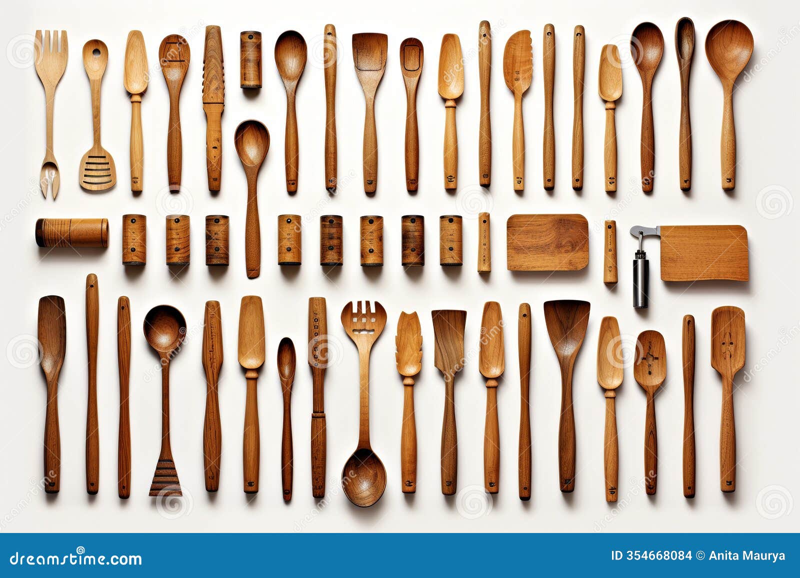  of various wooden utensils handcrafted white background, generative ai