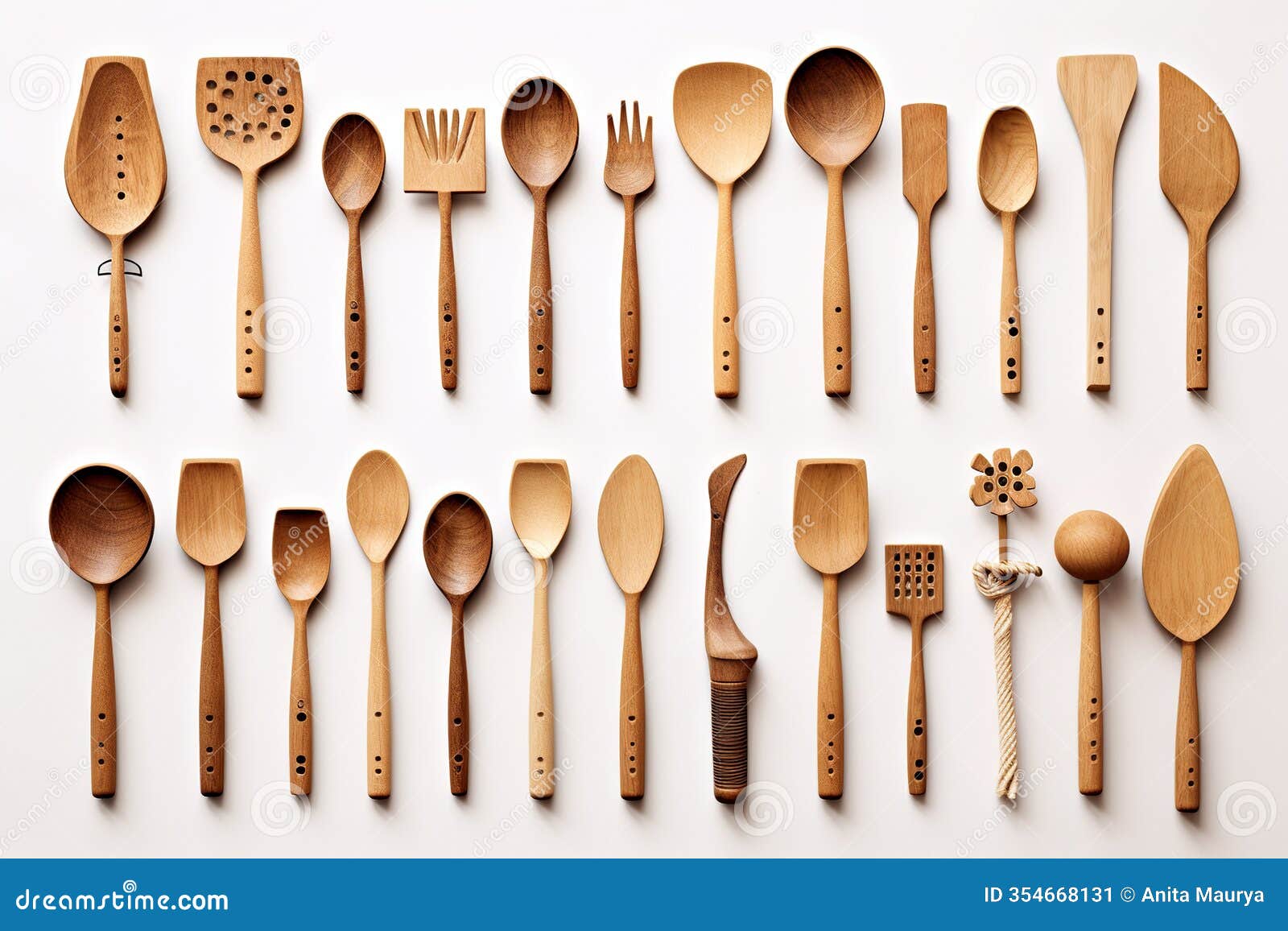 of various wooden utensils handcrafted white background, generative ai