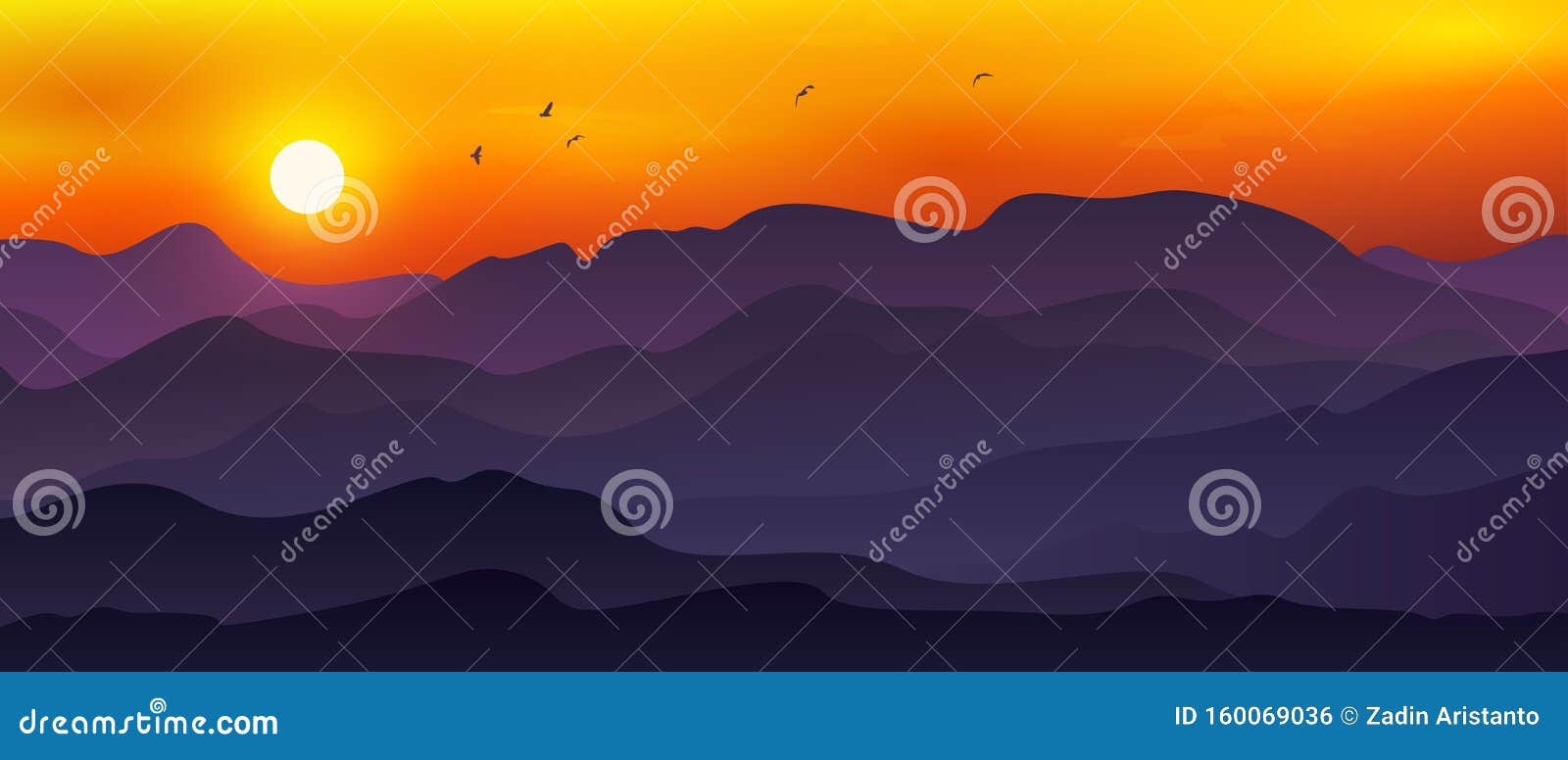  of vast mountain landscape combined with moon/sun, orange sky and flying birds