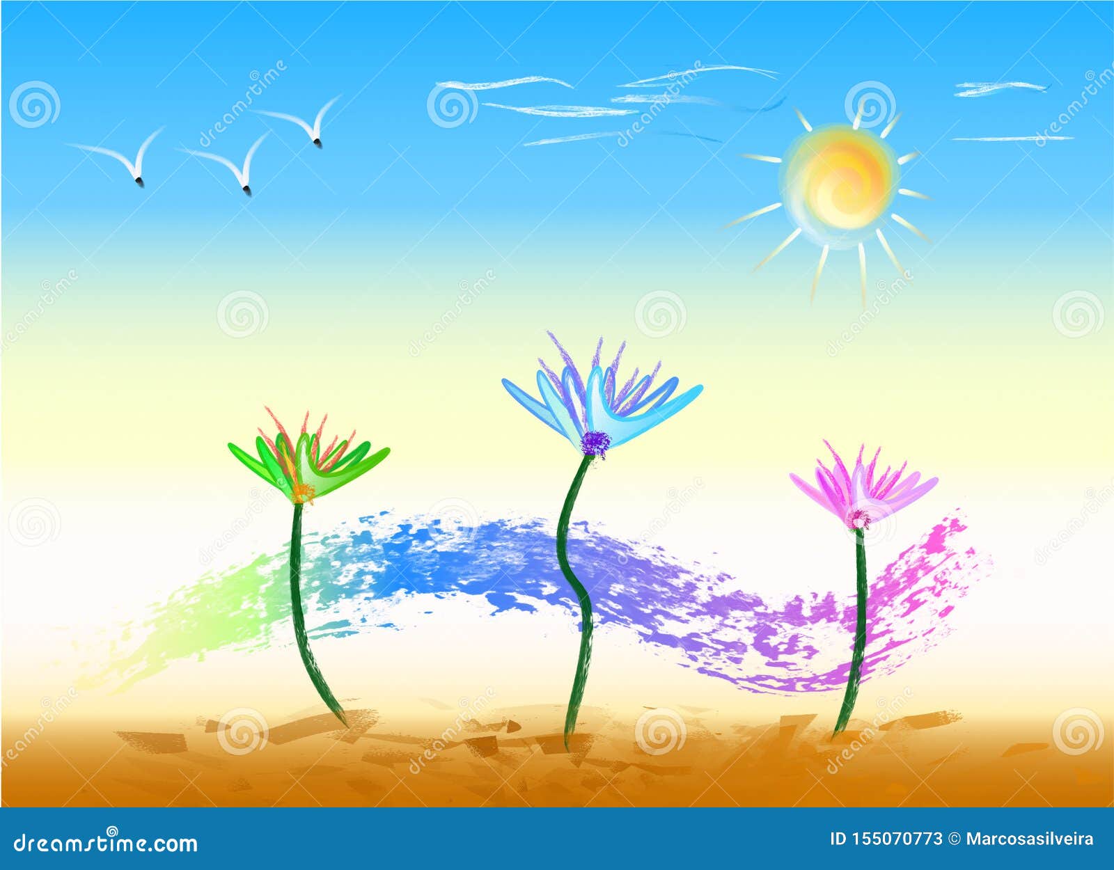 Dance of Flowers on a Sunny Day, Landscape in Color Stock Vector - Illustration of presented, clouds: 155070773