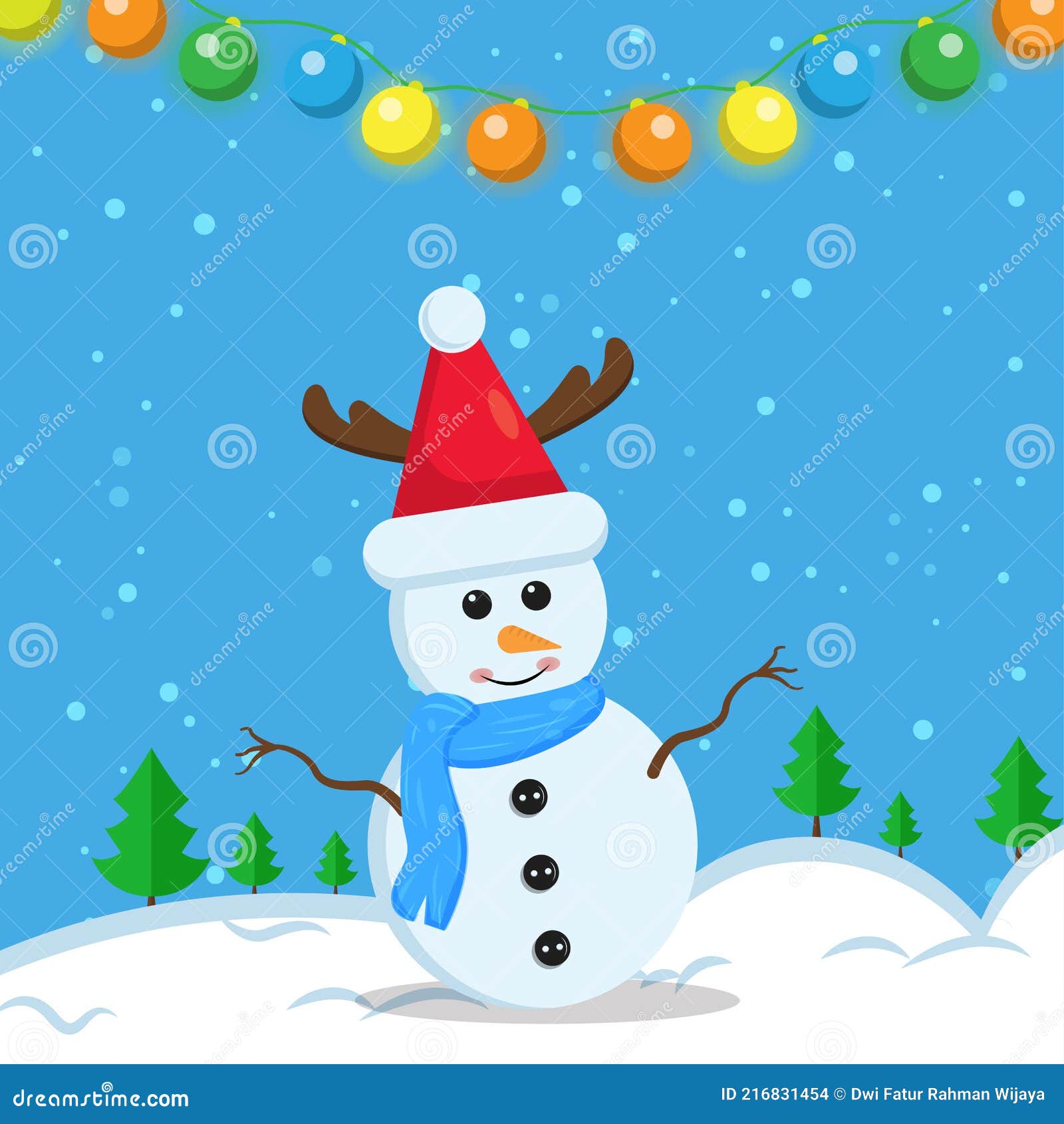   graphic of the happy snowman using santa claus hat and blue scarf was playing snow. blue background. good for