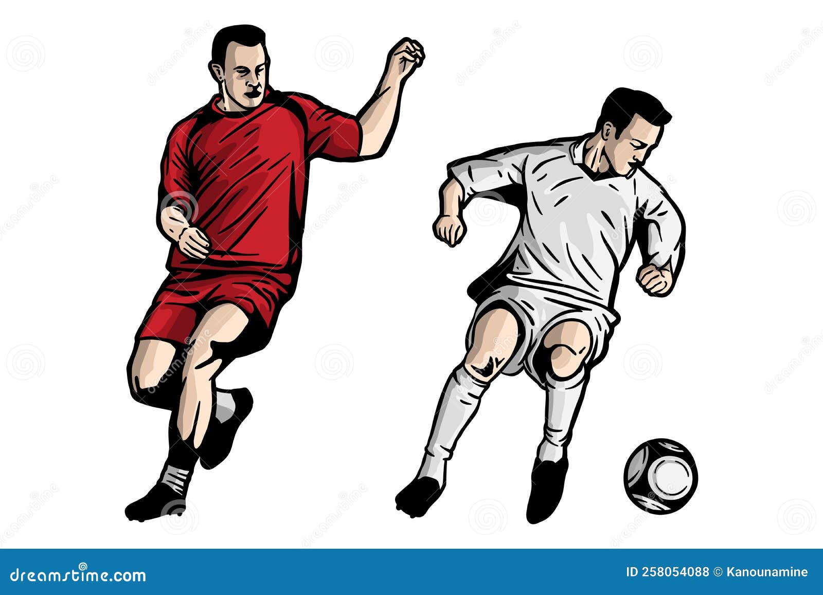 Illustration Couleur D'un Joueur De Football Avec Un Ballon Un Joueur De  Football Frappe Un Ballon Un Jeu De Sport Isolé Sur Fond Blanc Graphiques  Vectoriels