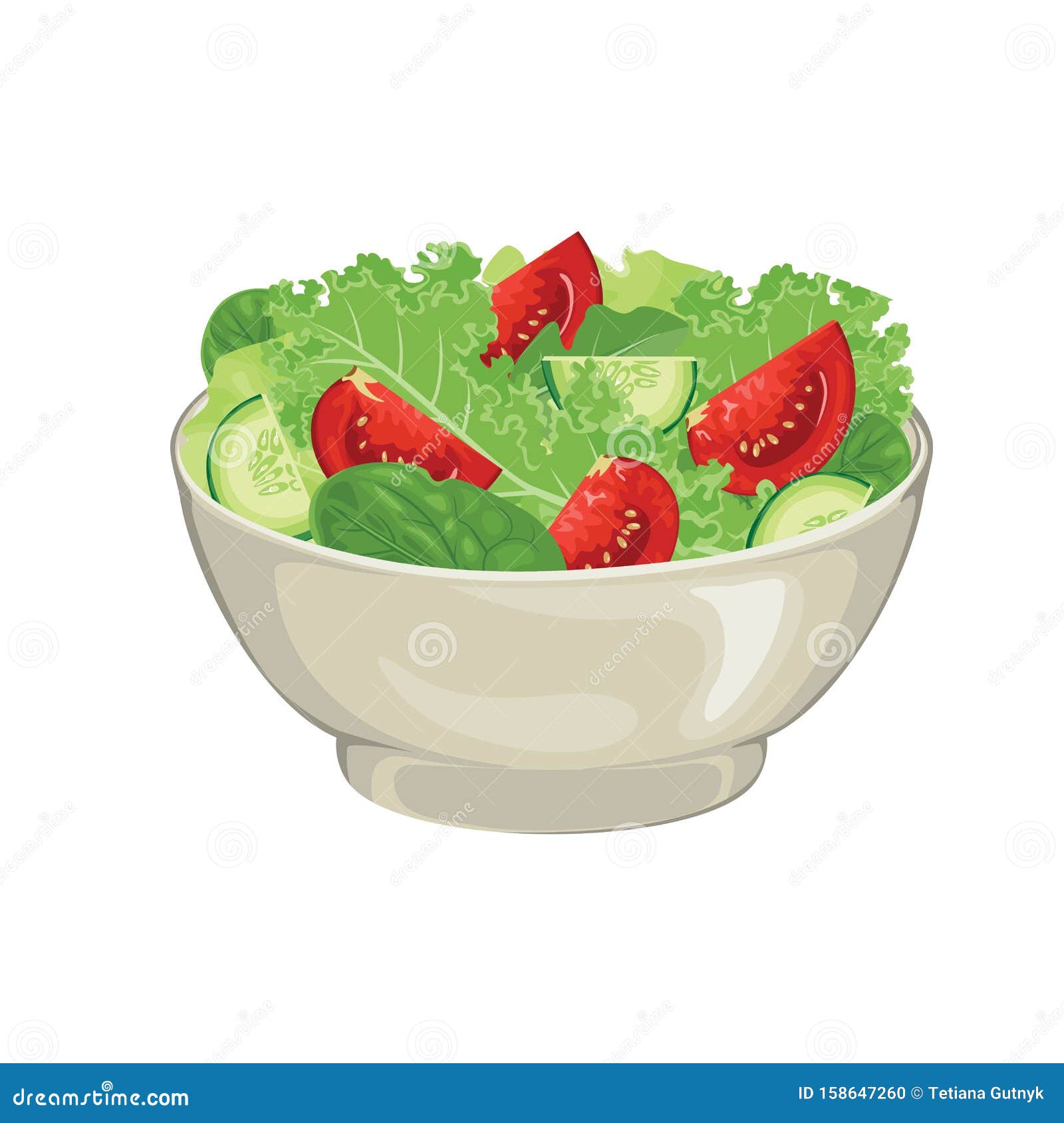 Illustration of Vegetable Salad in Bowl. Fresh Green Salad Leaves