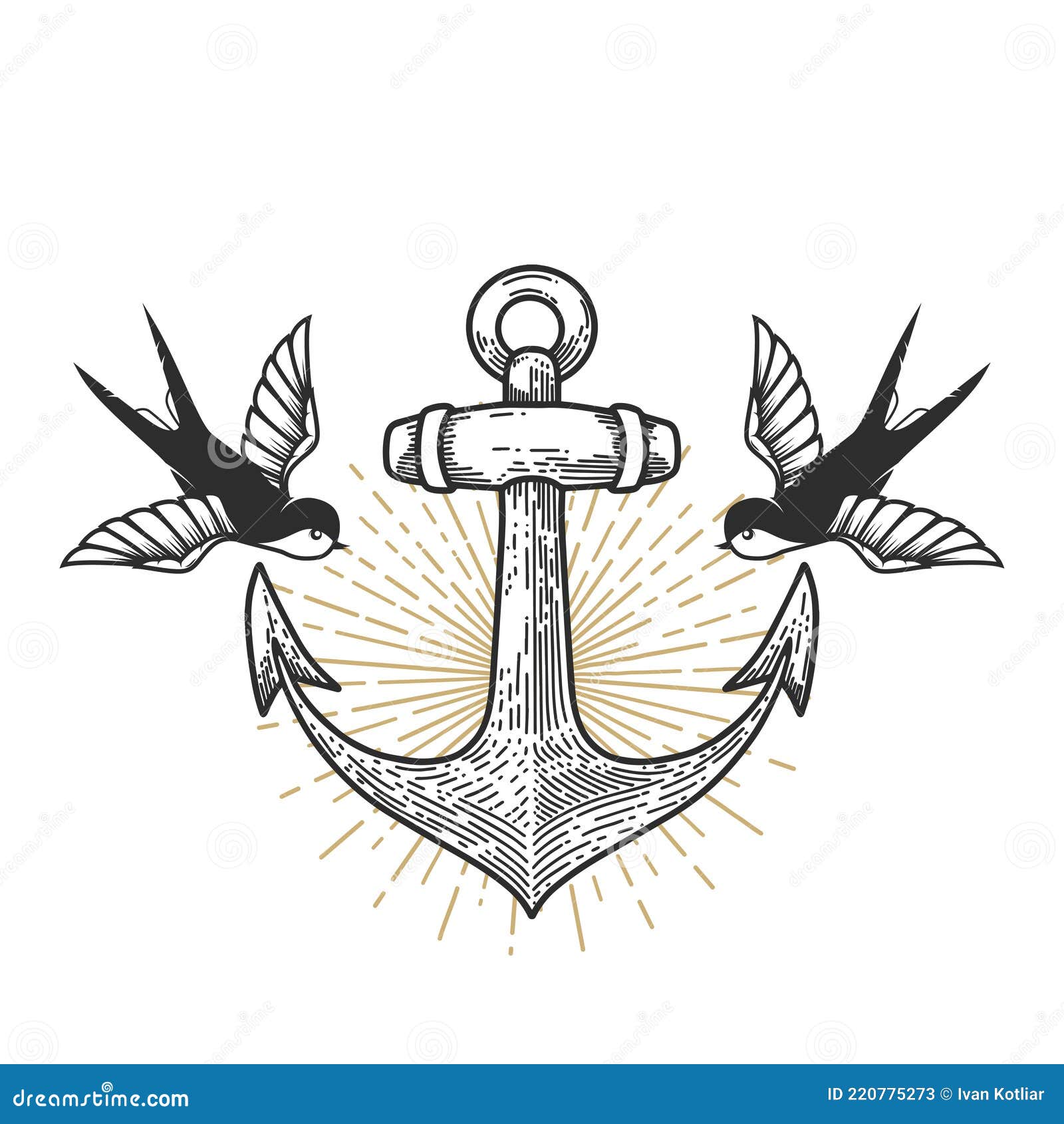 Illustration of Vintage Anchor with Swallows in Engraving Style. Design ...