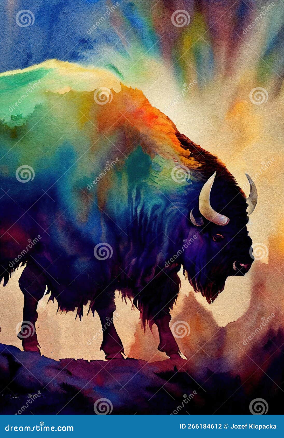 Illustration Of Watercolor Bison, Abstract Color Background. Digital 