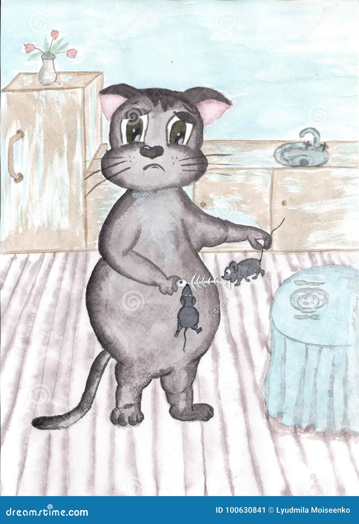 Illustration Watercolor Cat With Mice Stock Illustration Illustration Of Raskroj Watercolor