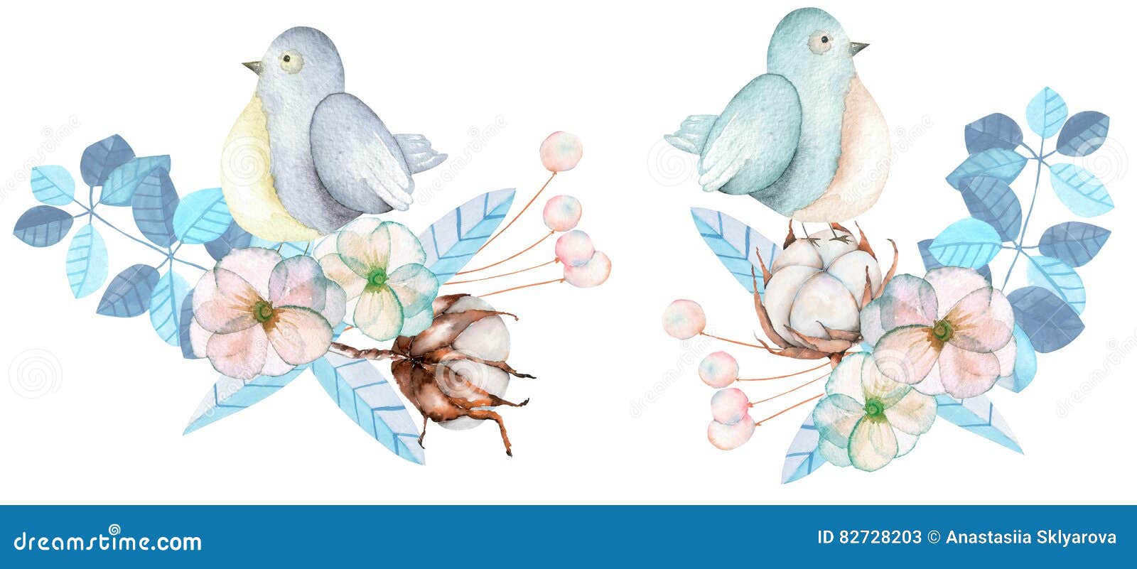 Download Illustration Of The Watercolor Cute Birds With Tender Blue ...