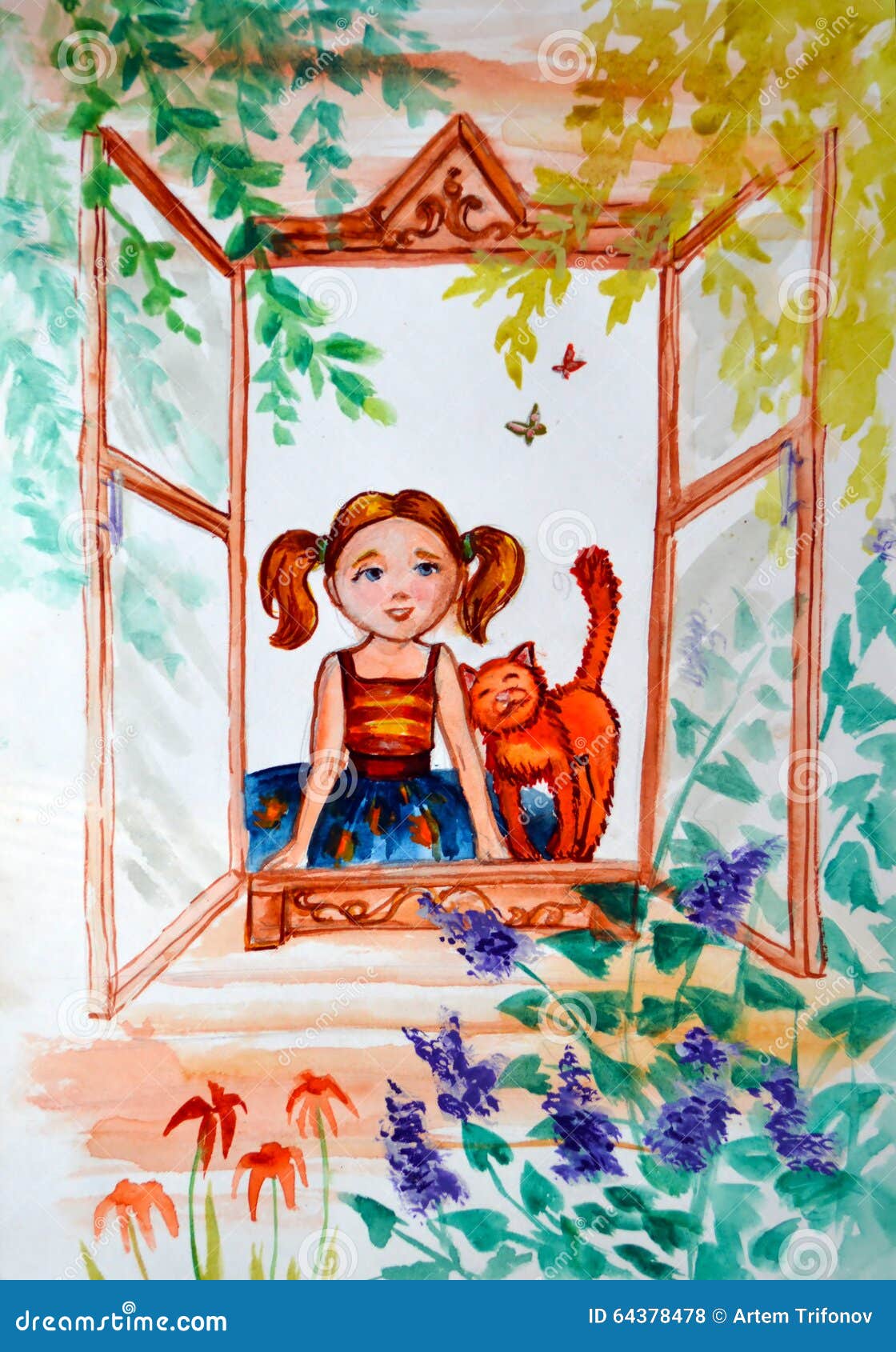 Little Girl by Window Original Watercolor, Original Russian Girl