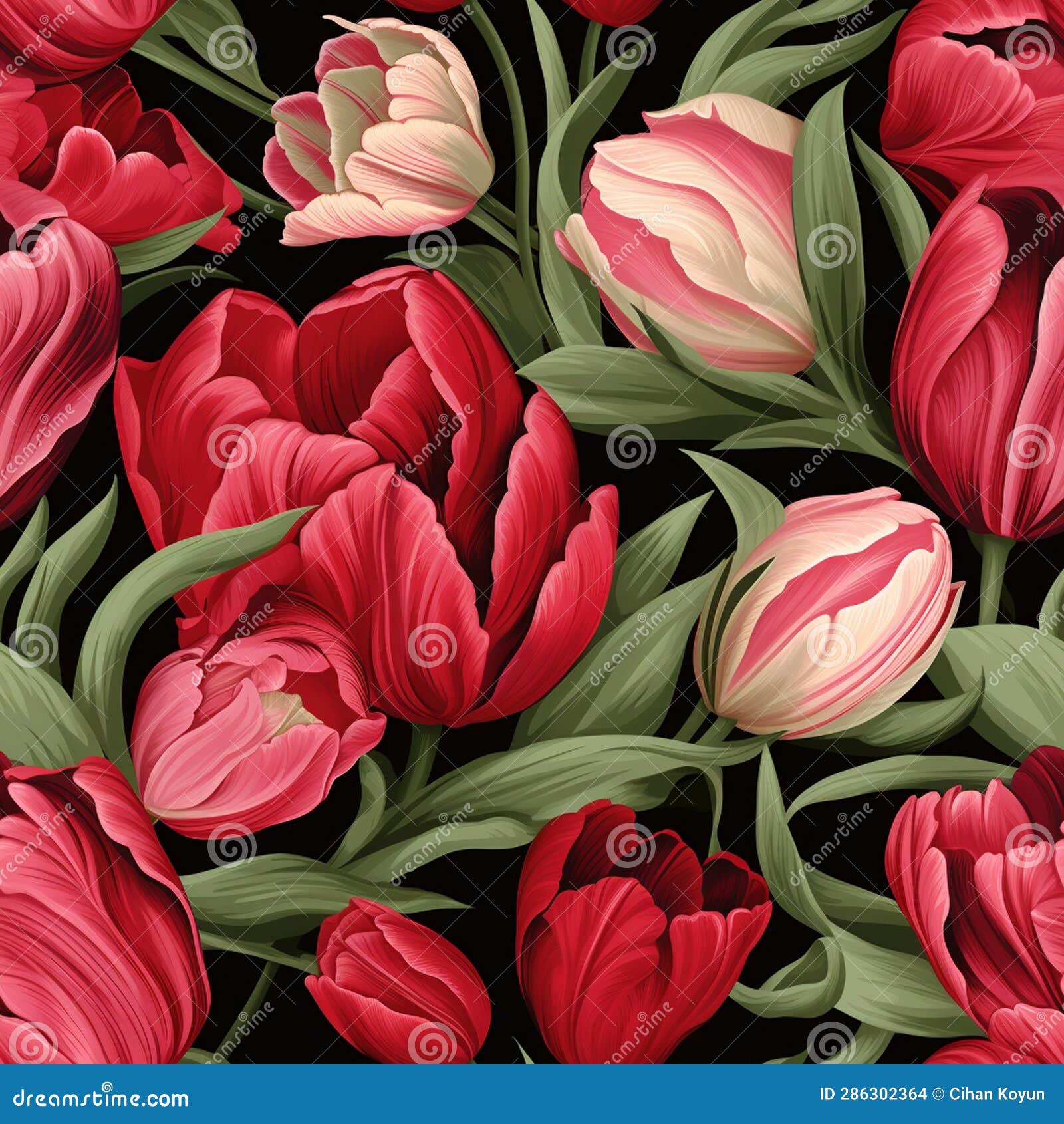 Illustration of Watercolored Seamless Blue Colorful Tulip Pattern with