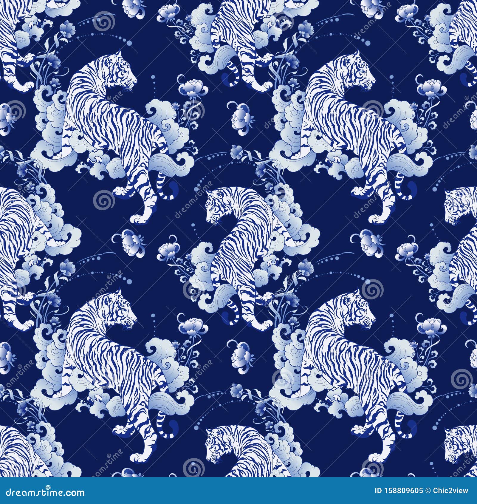 Illustration White Tiger Design In Tattoo Blue Porcelain Seamless Pattern Elements Stock ...