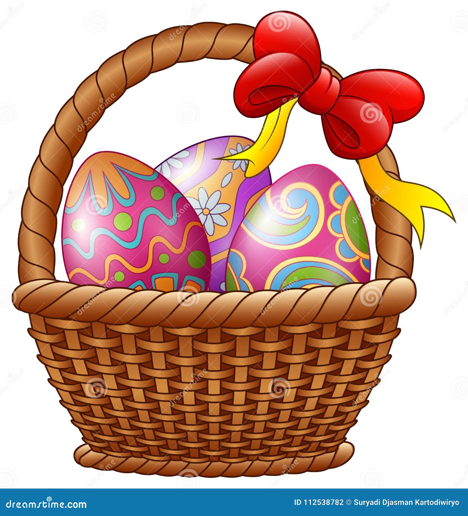 Wicker Basket with Decorated Easter Eggs and Red Bows Isolated on White