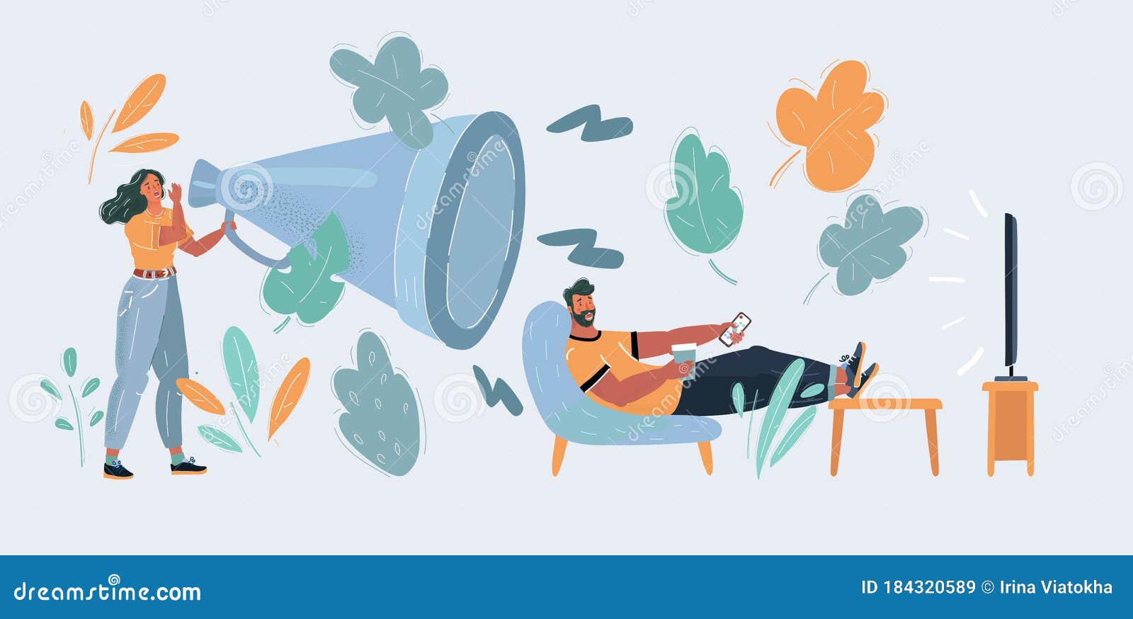 Illustration of Wife Screaming Via Megaphone at Husband Watching TV. Stock Vector - Illustration of male, flat: 184320589 Illustration of Wife Screaming Via Megaphone at Husband Watching TV. Stock Vector - Illustration of male, flat: 184320589