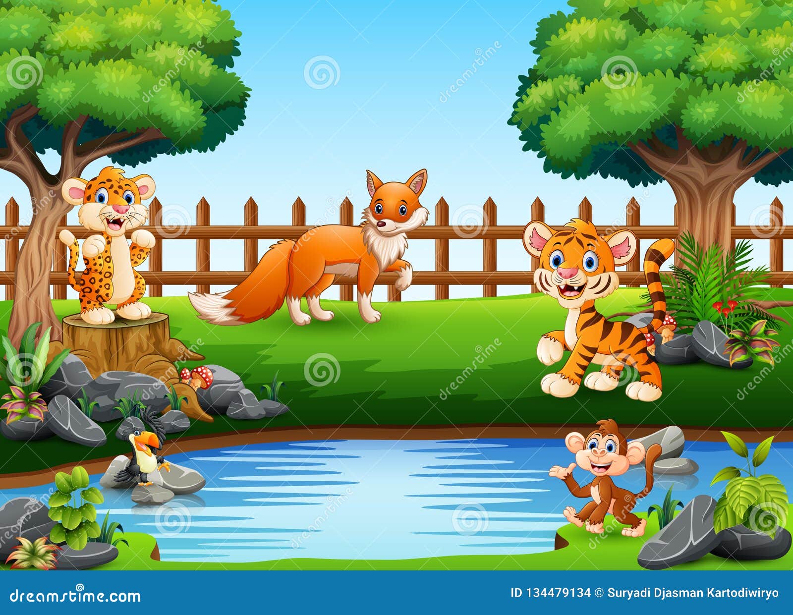 Wild Animals Playing on the Edge of a Beautiful Small Pond Stock Vector - Illustration of animal, enjoying: 134479134 Wild Animals Playing on the Edge of a Beautiful Small Pond Stock Vector - Illustration of animal, enjoying: 134479134