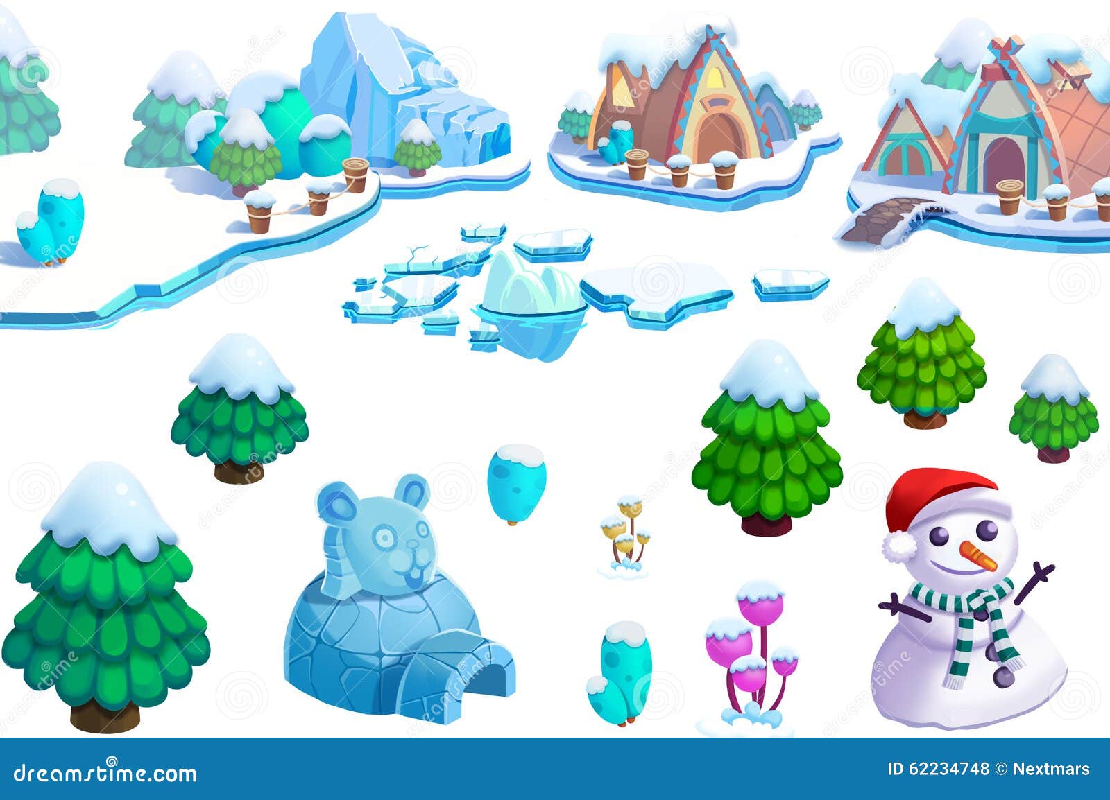 Illustration: Winter Snow Ice World Theme Elements Design Set 1. Game  Assets. the House, the Tree, Ice, Snow, Snowman Stock Illustration -  Illustration of game, beauty: 62234748