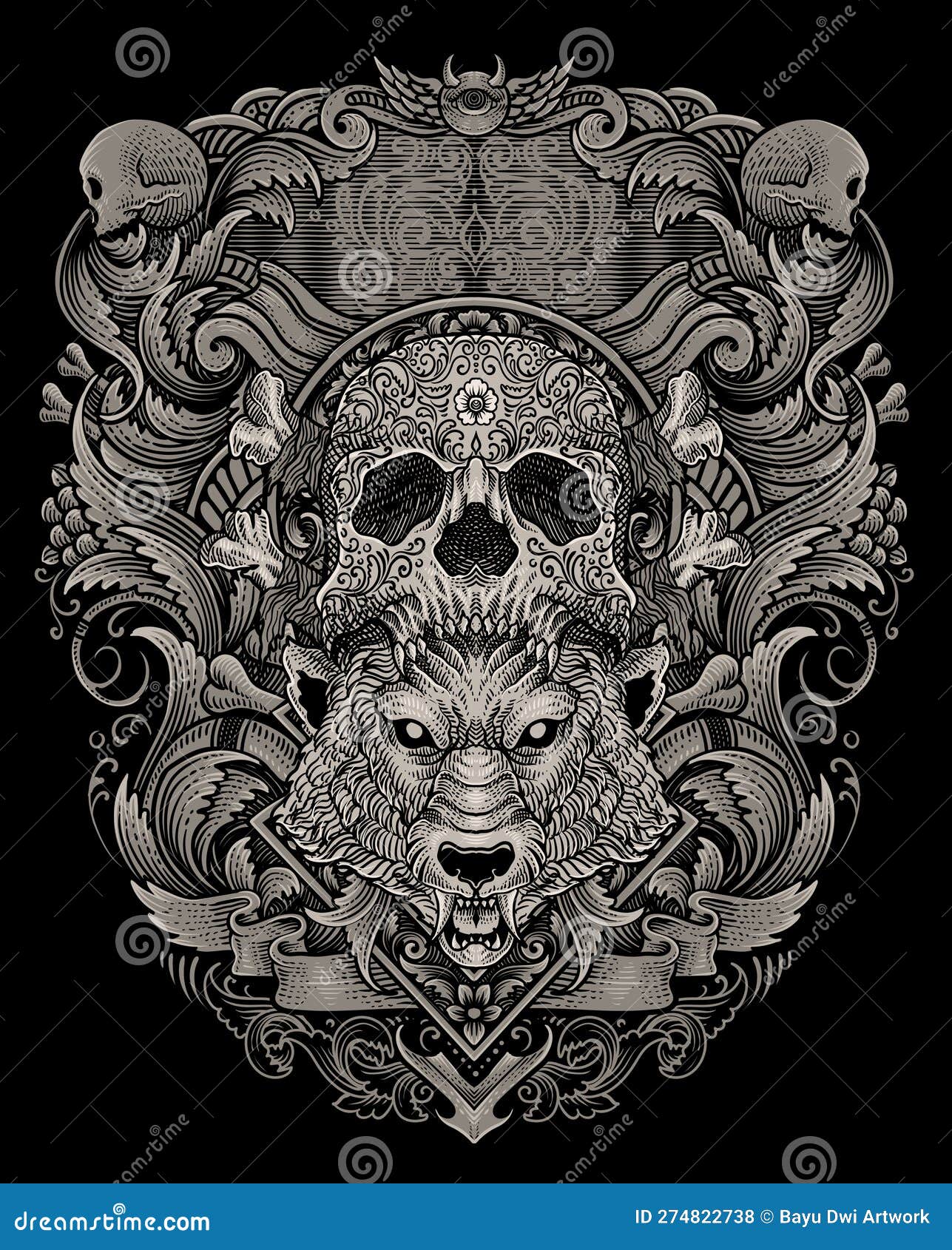 Illustration of Wolf Head with Skull Hat Vintage Engraving Ornament