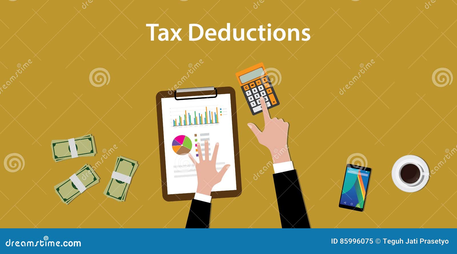 of working to count a tax deductions calculation with paperworks and calculator on top of table