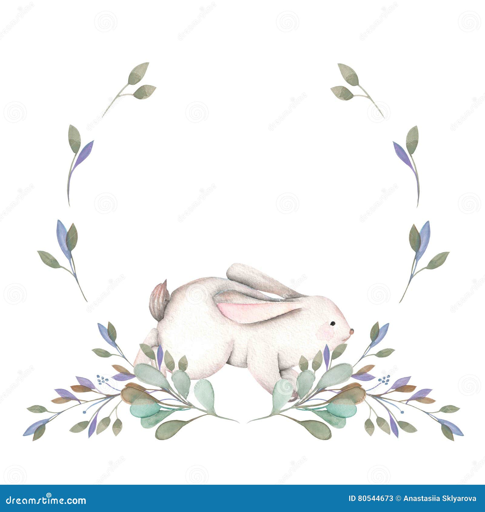 Illustration, Wreath With Watercolor Rabbit And Green Branches Stock ...