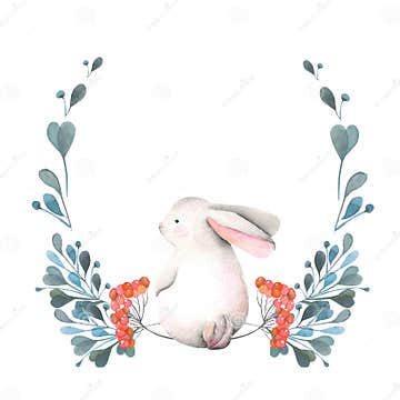 Illustration, Wreath with Watercolor Rabbit, Green Branches and Red ...