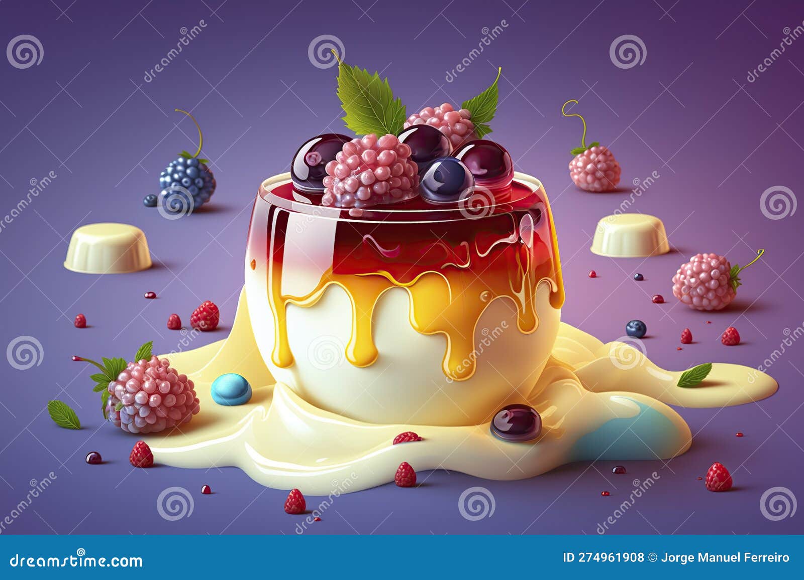 Illustration, Yogurt and Jelly Dessert with Berries, Ai Generative