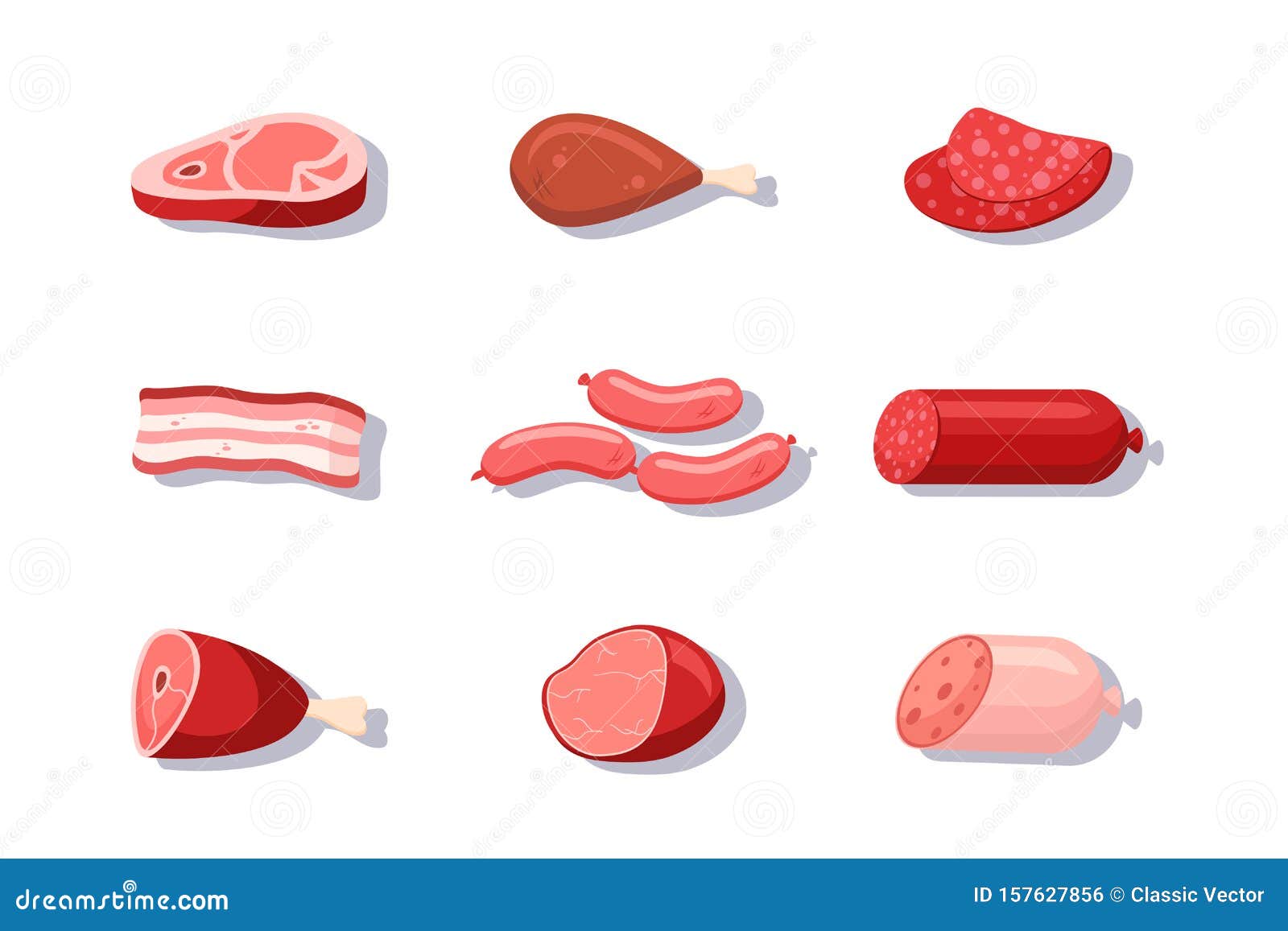 caricature de viande crue fraîche dans un style plat. poulet et bacon,  steak et saucisses, saucisse et jambon, filet. produits à base de viande et  ingrédients. 4293351 Art vectoriel chez Vecteezy