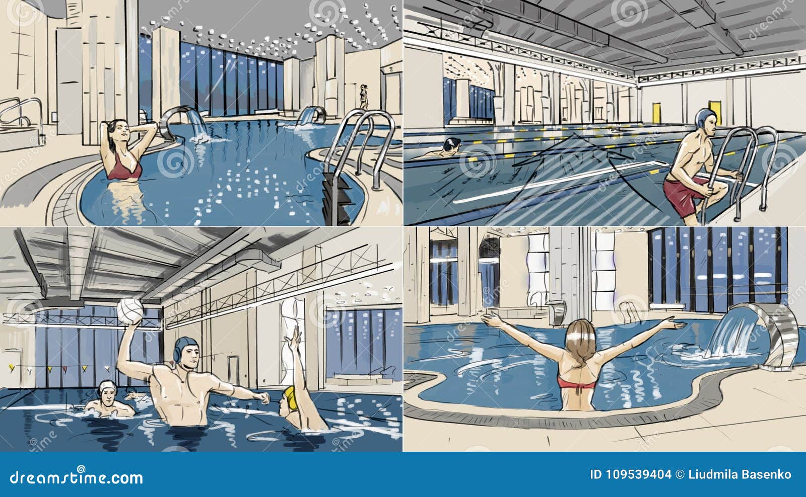 Illustrations of Swimming Pool and Spa Zone Interiors Stock