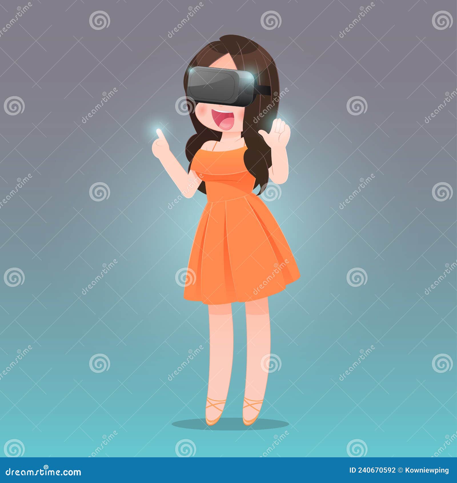 Illustrationskvinna med virtuell verklighetsenhet över grå bakgrund. leende ung kvinna med vr-glas. virtuell verklighet