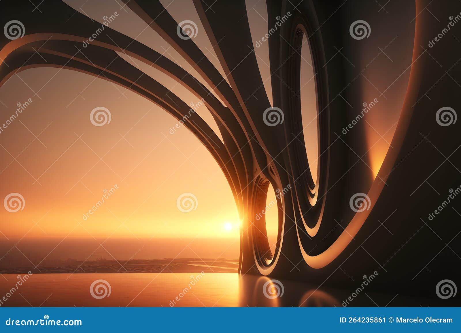 illustrative  of surreal architecture. modern, curvilinear and elegant lines. sunset light.