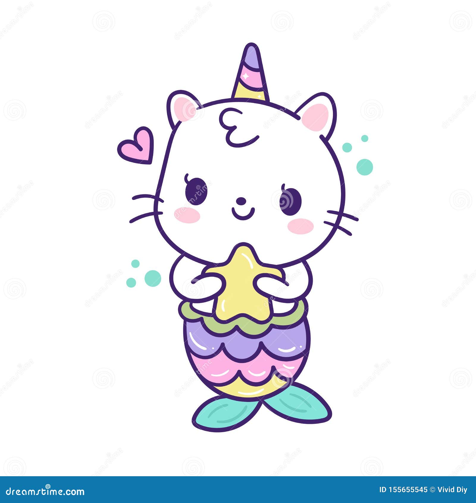 Illustrator of Cat Mermaid in Unicorn Vector Kawaii Animal with Pastel Color  Stock Vector - Illustration of card, cheerful: 155655545