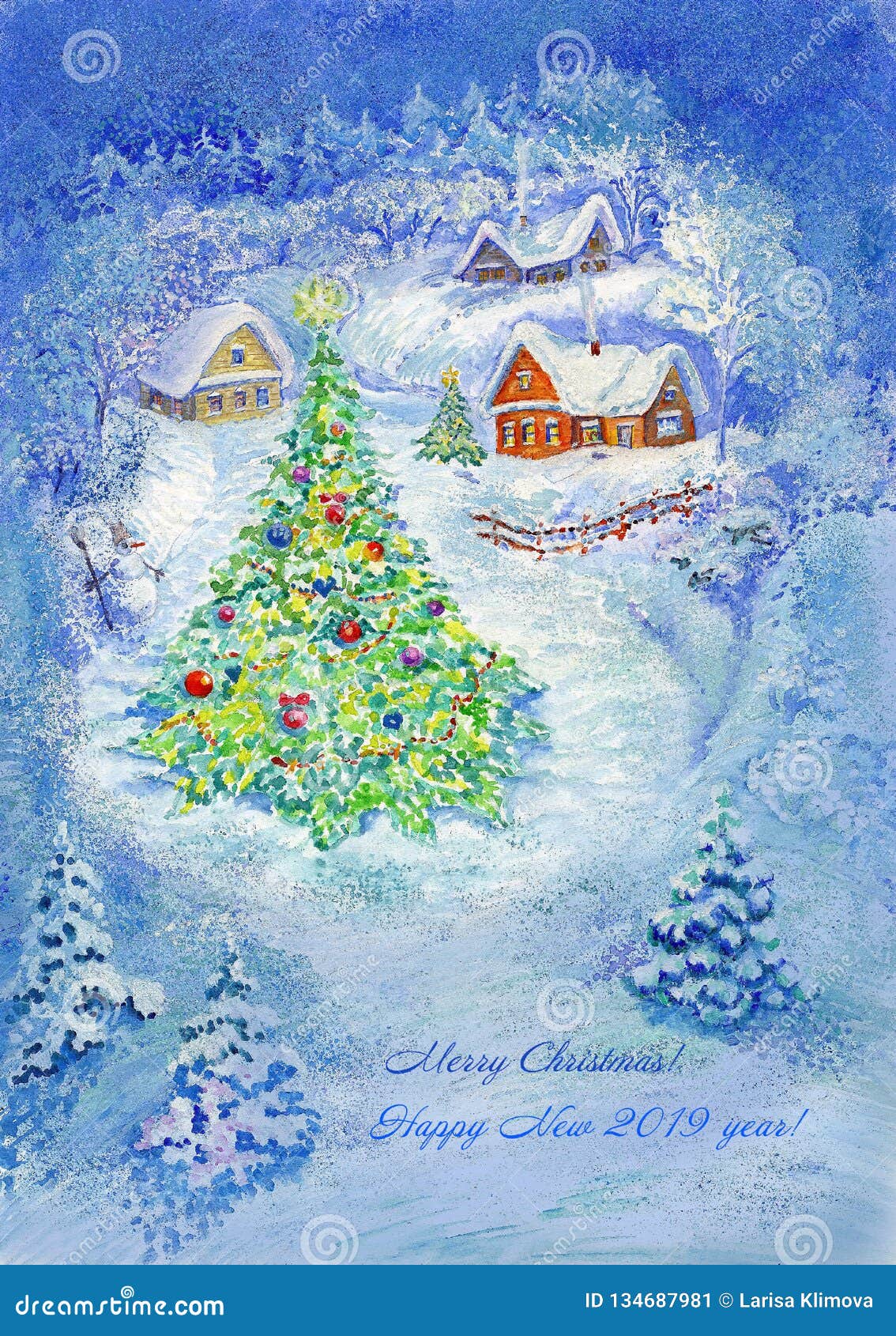 Illustrazione Arte Disegno Acquerello Notte Villaggio Case Inverno Albero Di Natale Blu Fondo Nuovo Anno Neve Illustrazione Di Stock Illustrazione Di Necessit Vigilia