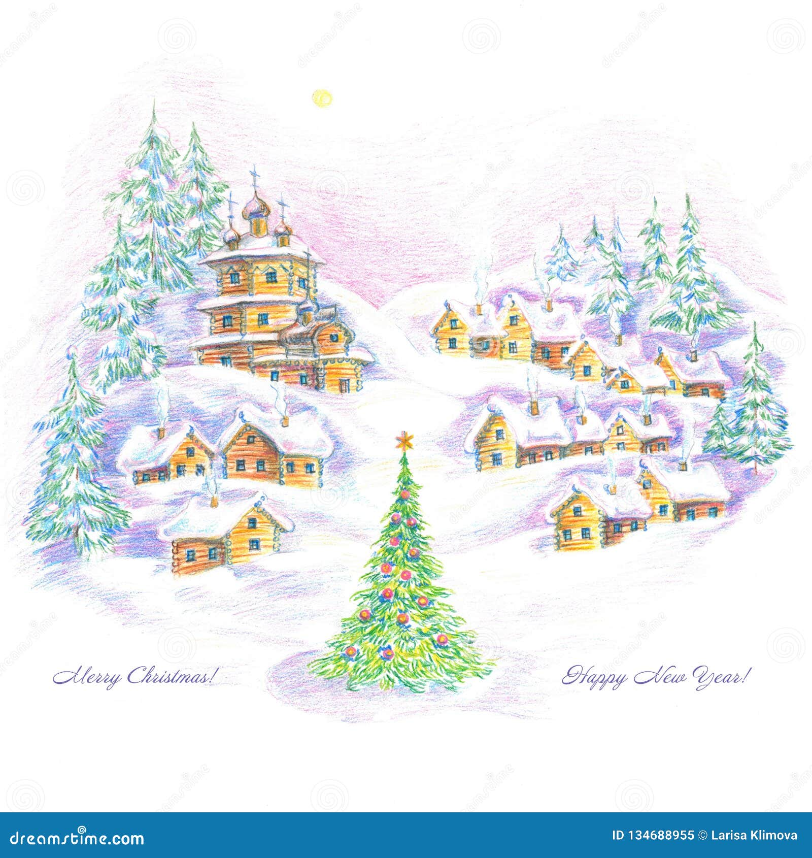 Illustrazione Arte Disegno Villaggio Case Chiesa Inverno Albero Di Natale Neve Paesaggio Bianco Fondo Nuovo Anno Illustrazione Di Stock Illustrazione Di Congratulazione Ponticello