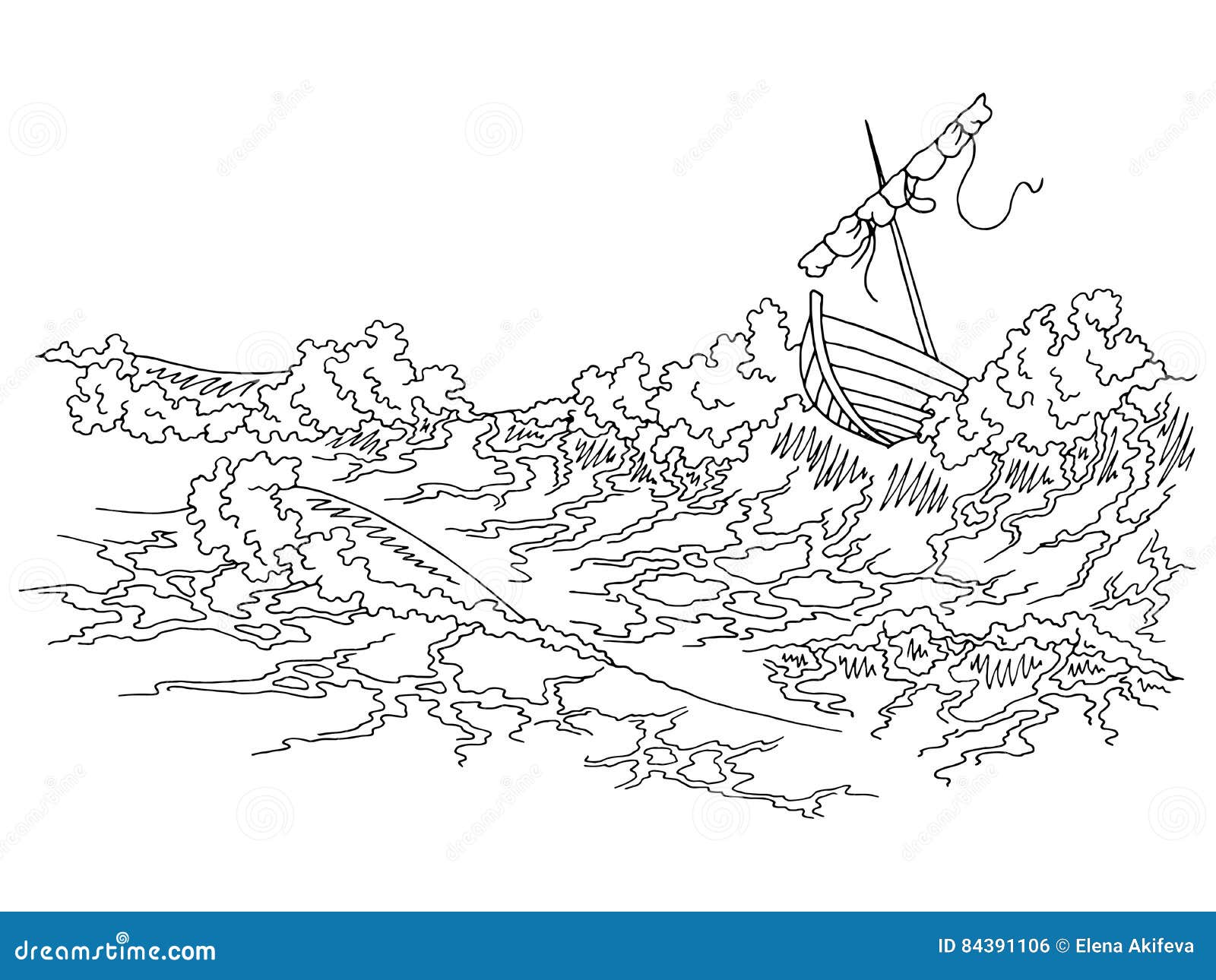Illustrazione bianca nera grafica di schizzo della barca di mare della tempesta Libera da Diritti