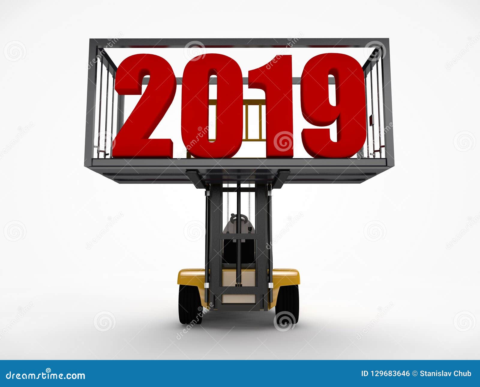 Illustrazione 3D di un carrello elevatore che ha sollevato un contenitore con una data del nuovo anno 2019 L'idea per un calendario, trasportante il futuro dalla rappresentazione passata 3D, immagine isolata su fondo bianco